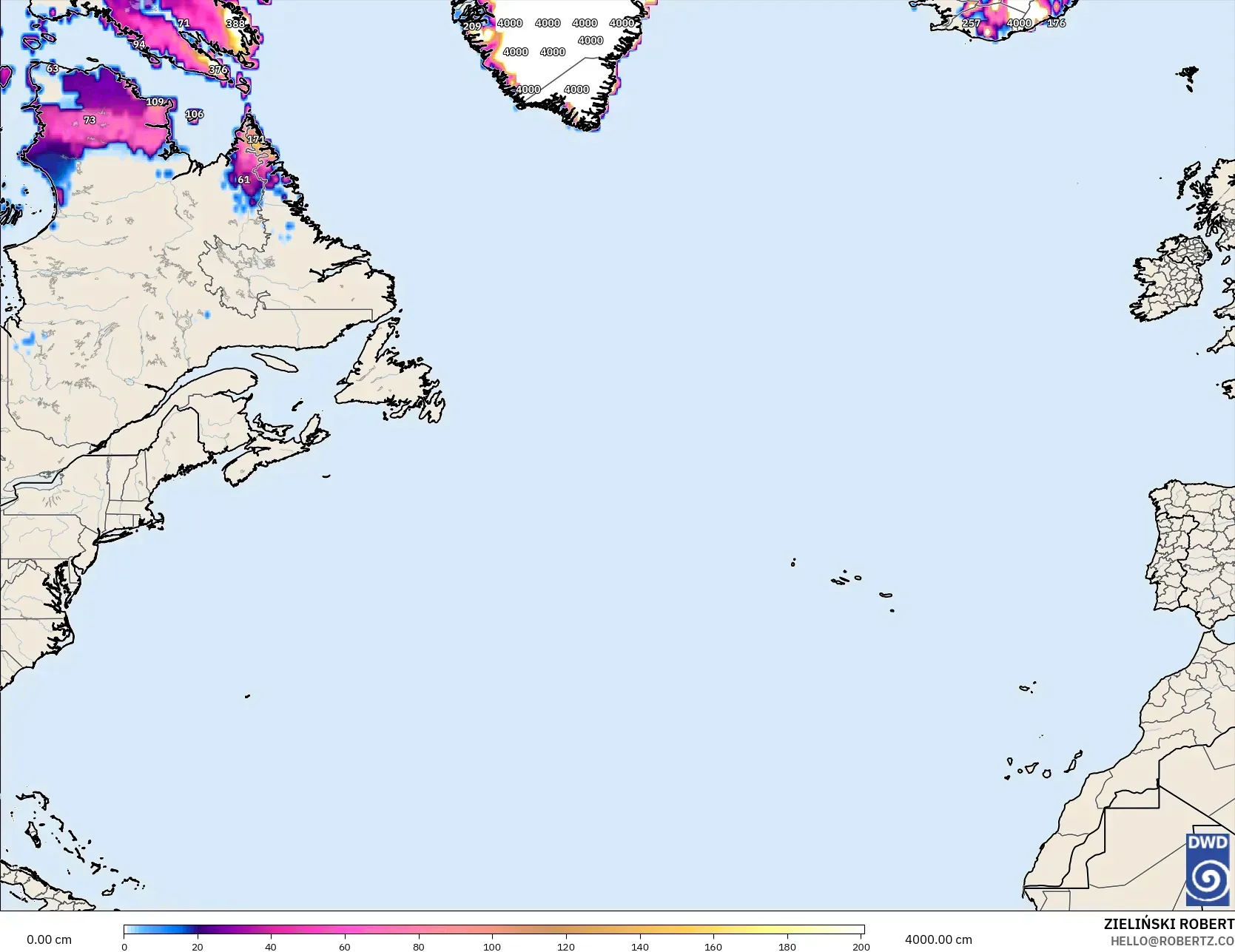 ICON model - North Atlantic, Snow Depth