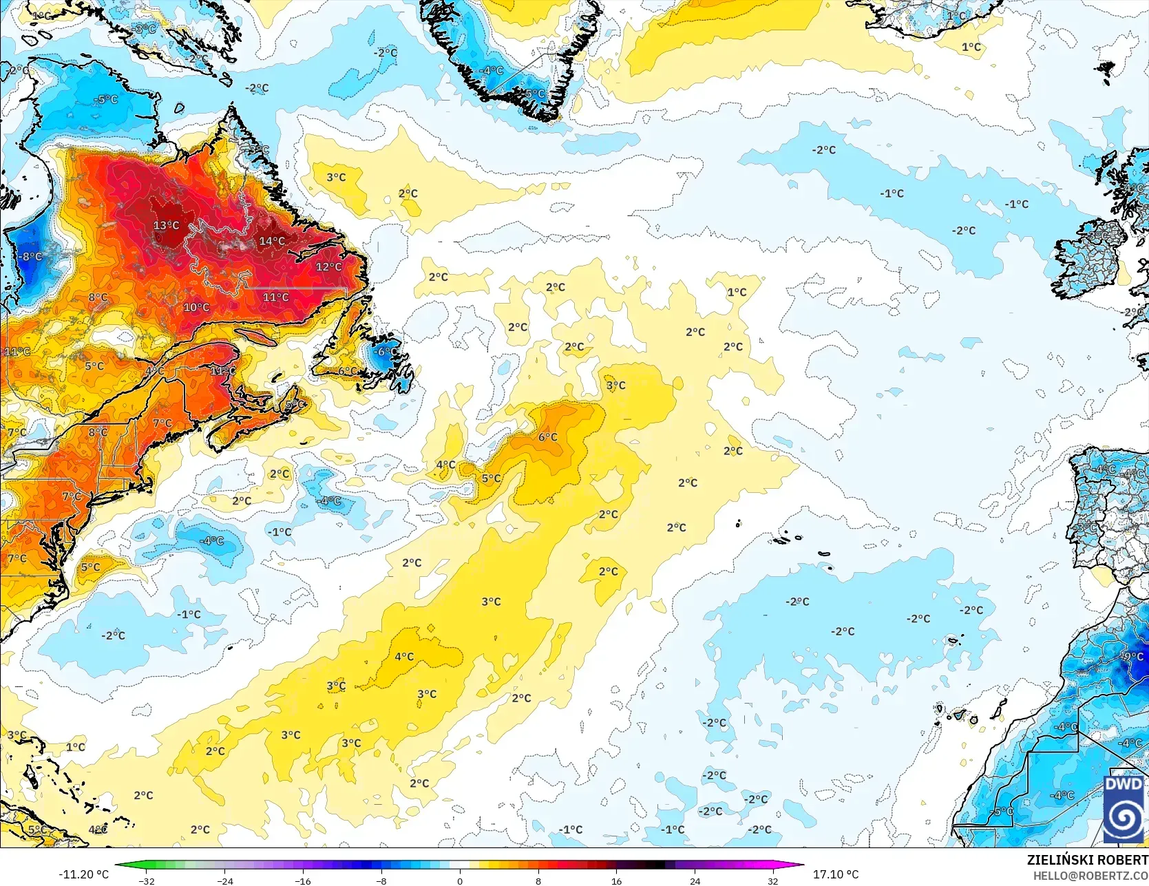ICON model - North Atlantic, Temperature at 2m Anomaly