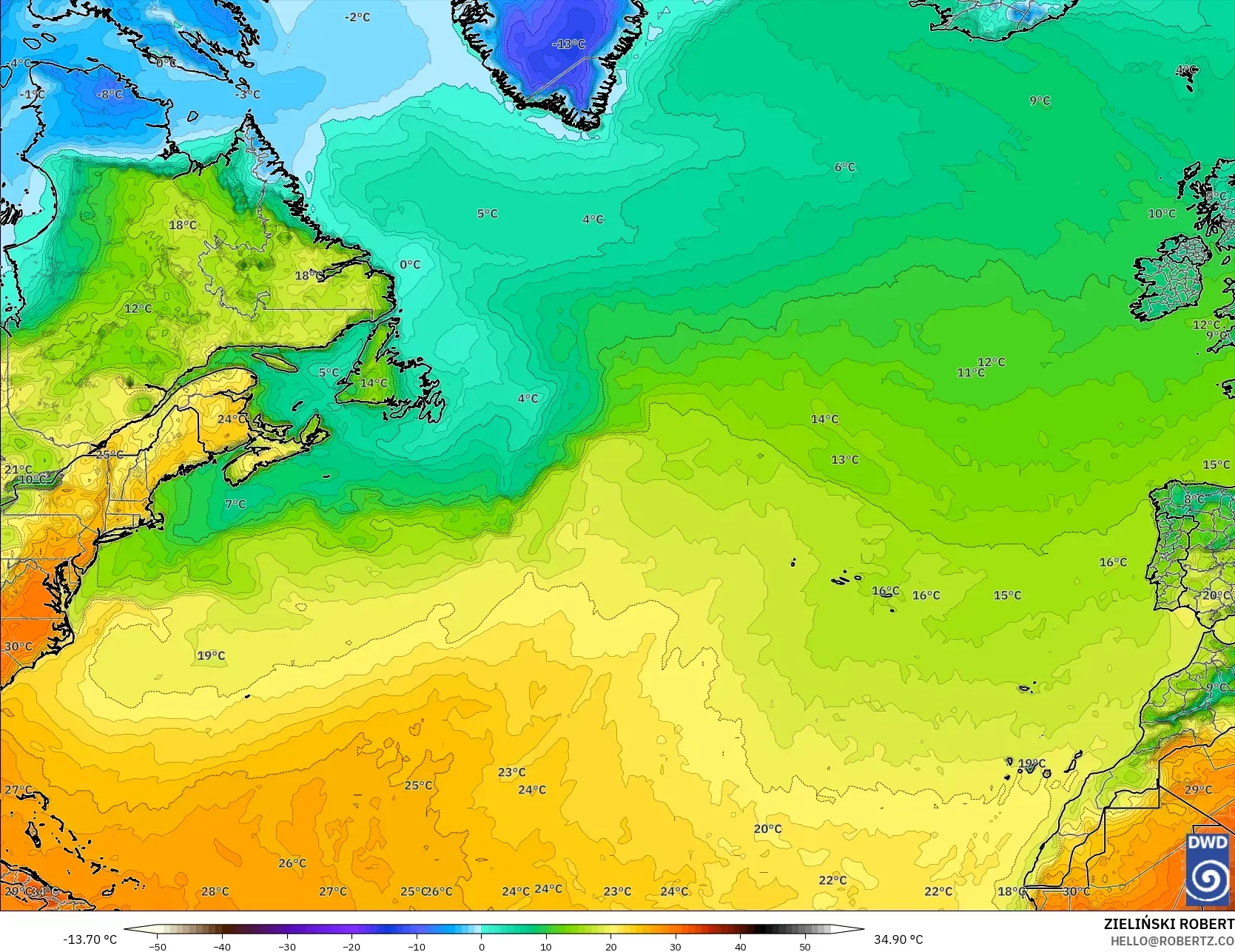 ICON model - North Atlantic, Temperature at 2m