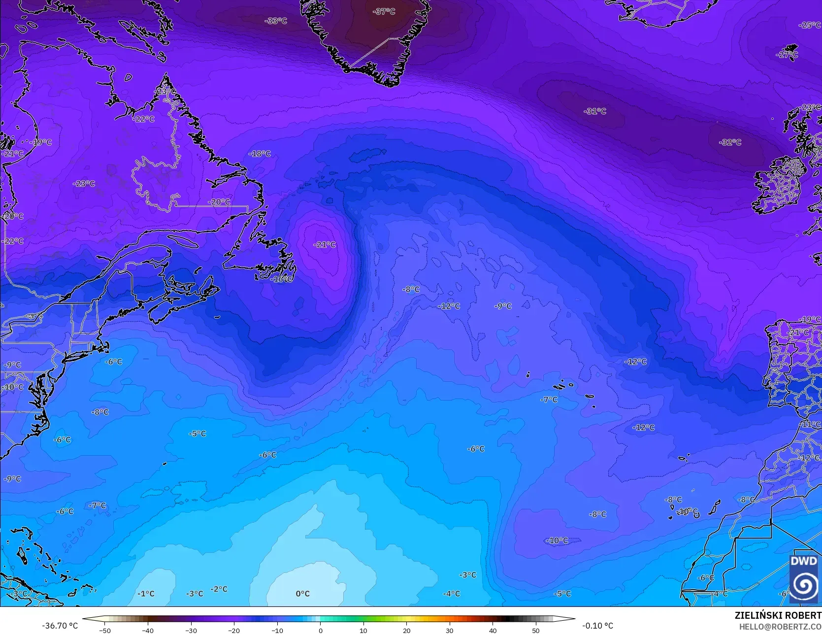 ICON model - North Atlantic, Temperature at 500hPa