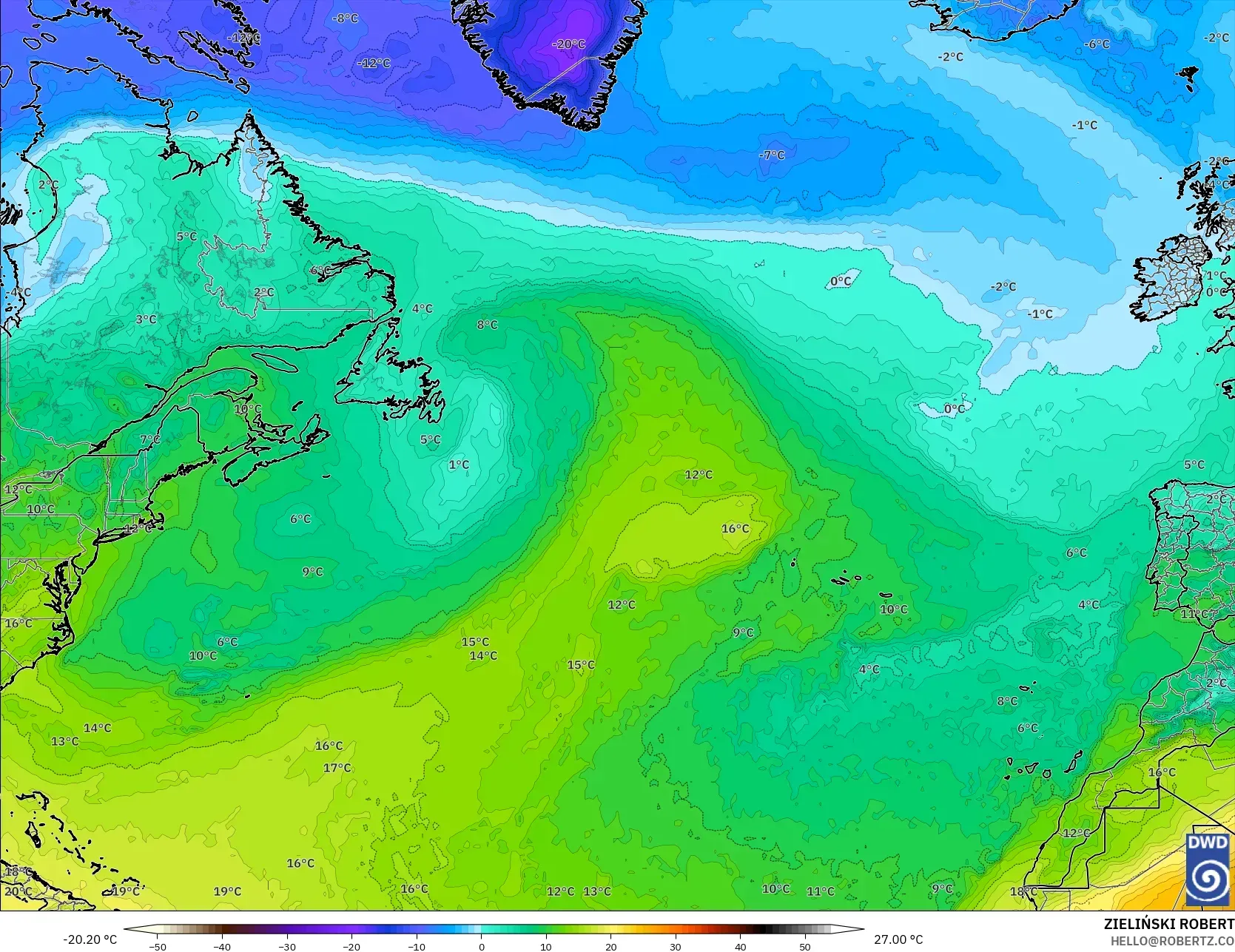 ICON model - North Atlantic, Temperature at 850hPa