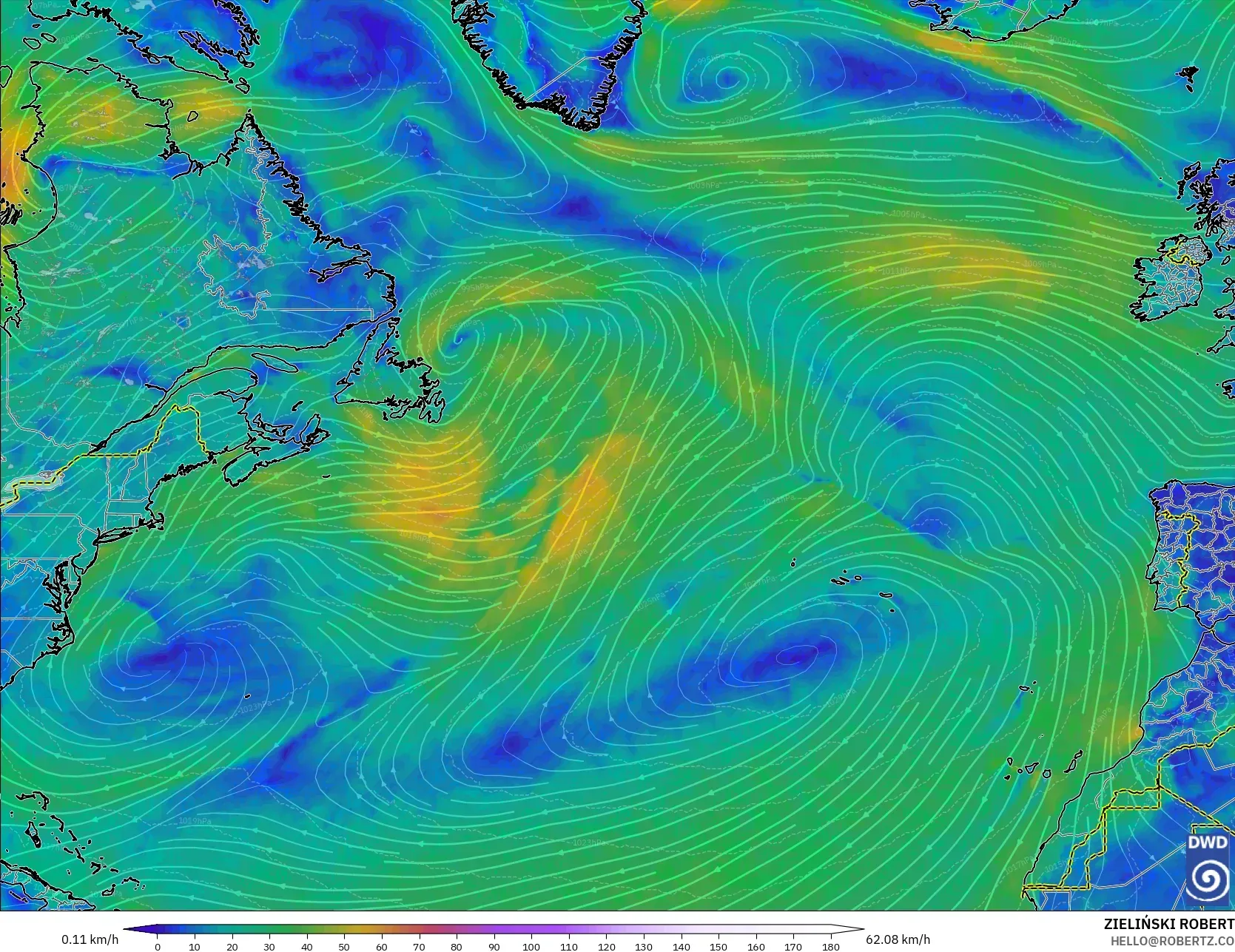 ICON model - North Atlantic, Wind at 10m