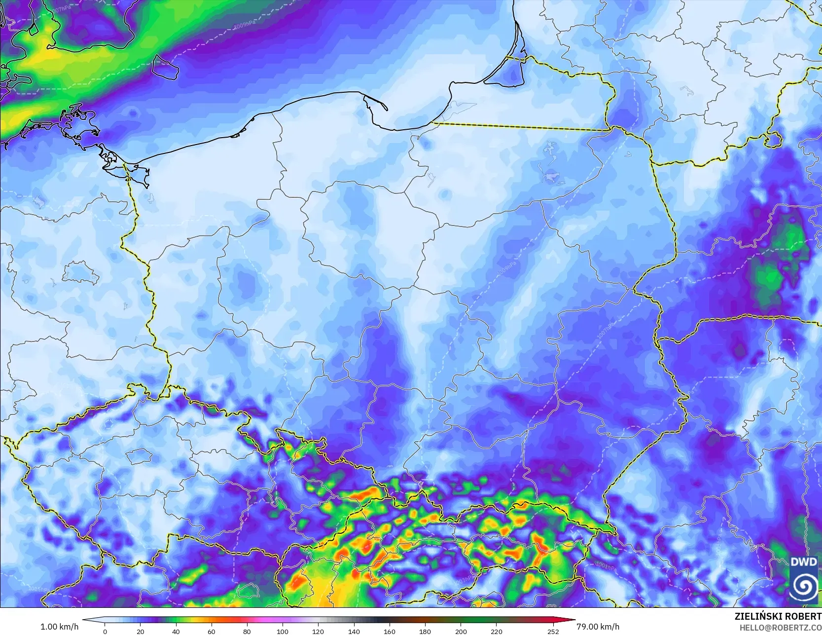 ICON model - Poland, Wind Gusts Peak