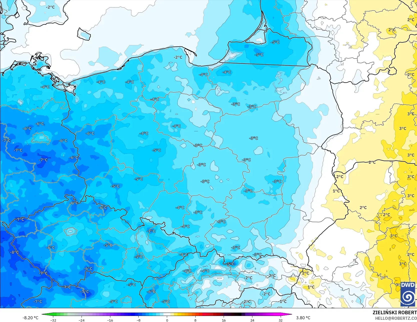 ICON model - Poland, Temperature at 2m Anomaly