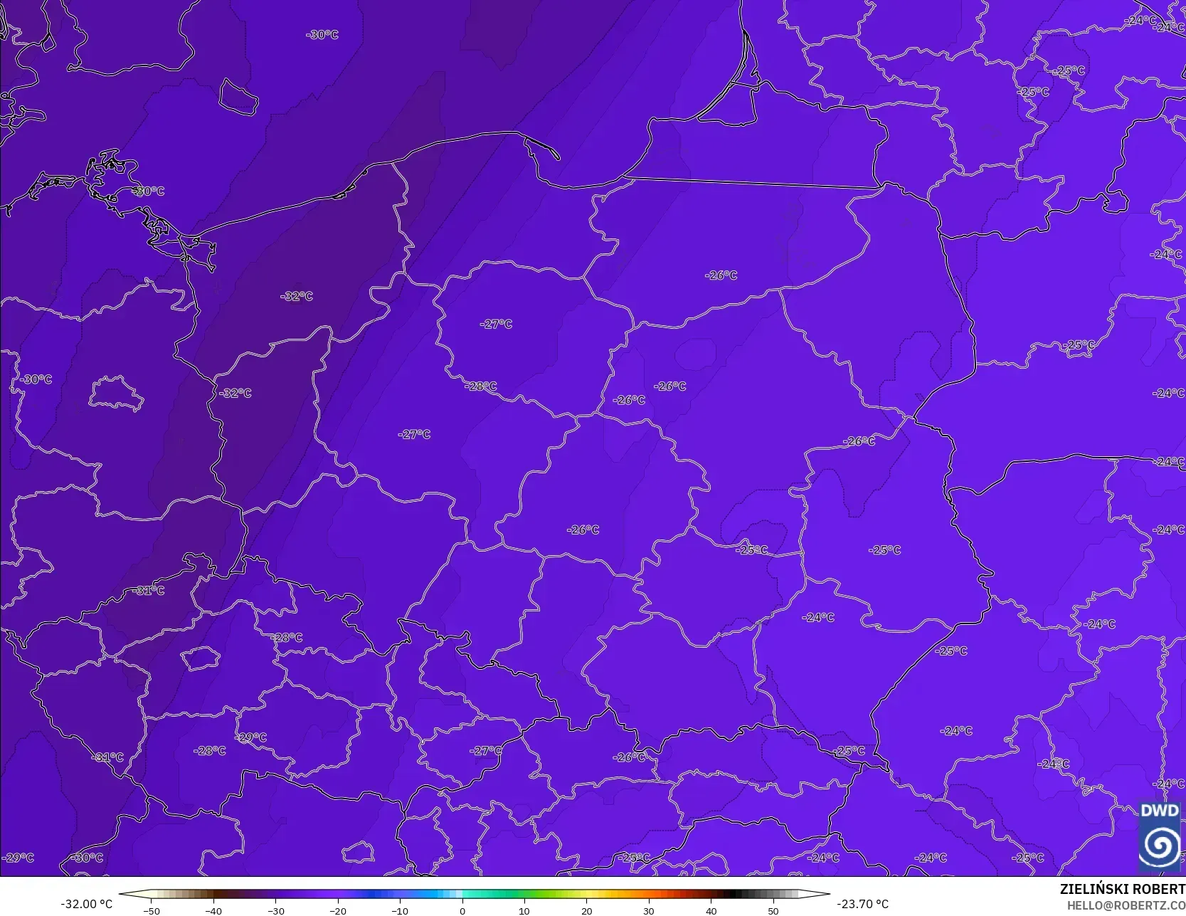 ICON model - Poland, Temperature at 500hPa