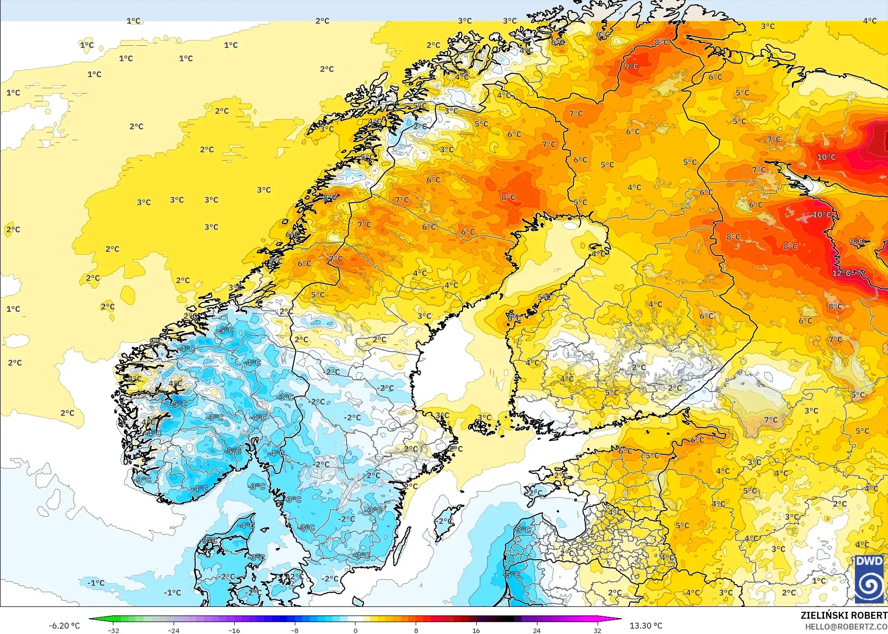 ICON model - Scandinavia, Temperature at 2m Anomaly