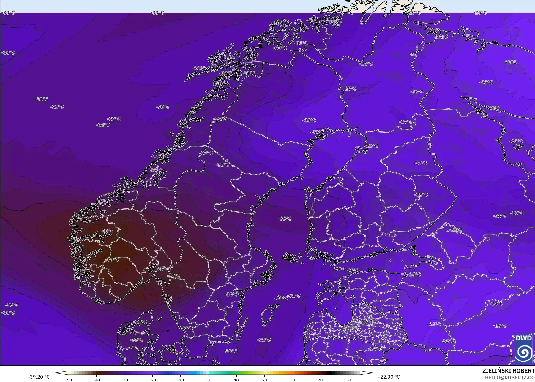 ICON model - Scandinavia, Temperature at 500hPa