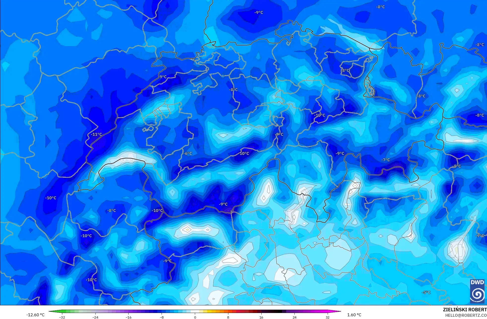 ICON model - Switzerland, Temperature at 2m Anomaly