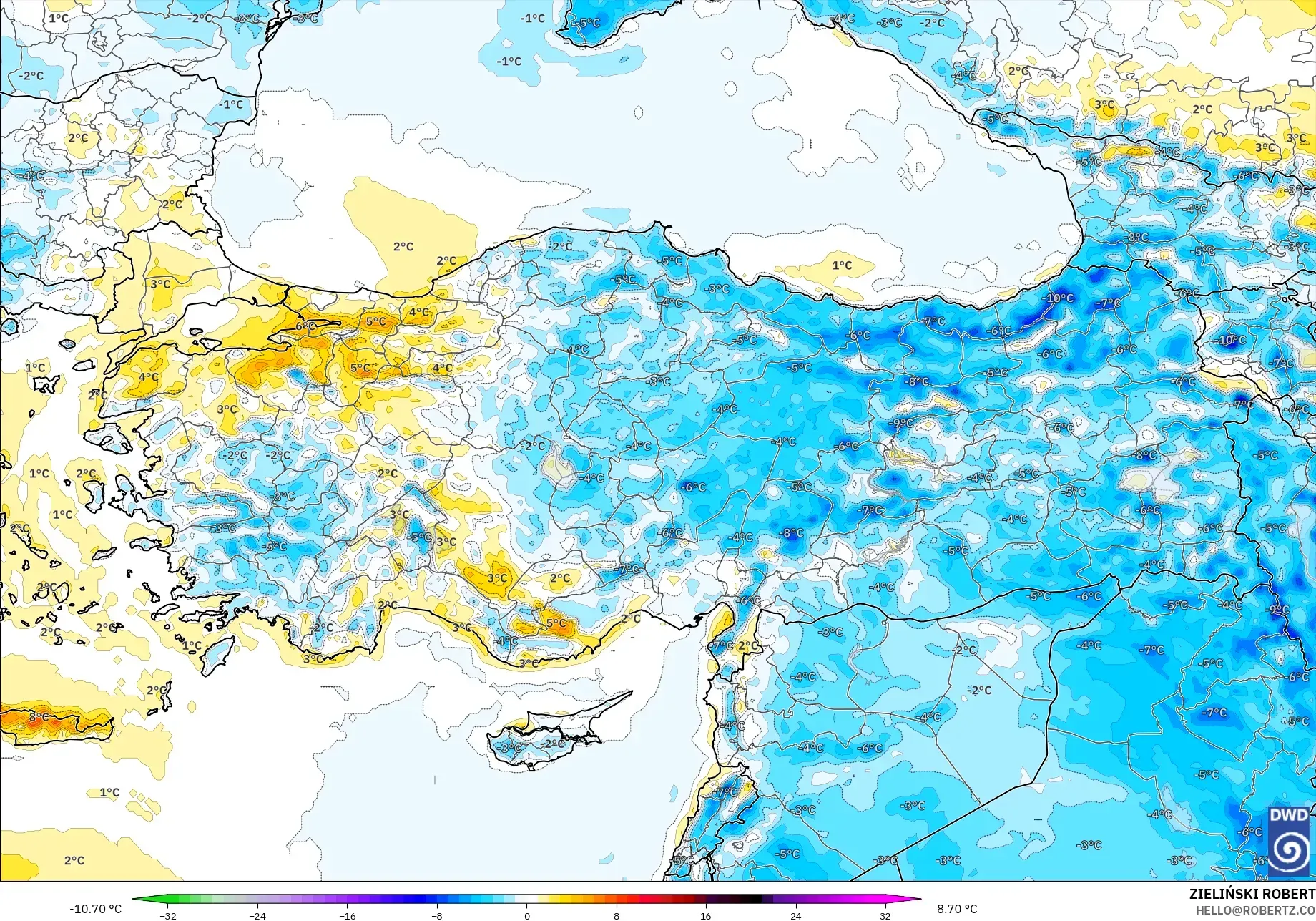 ICON model - Turkey, Temperature at 2m Anomaly