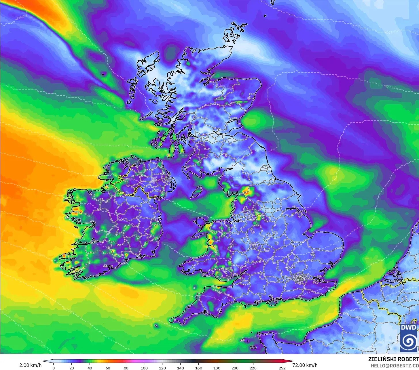 ICON model - United Kingdom, Wind Gusts