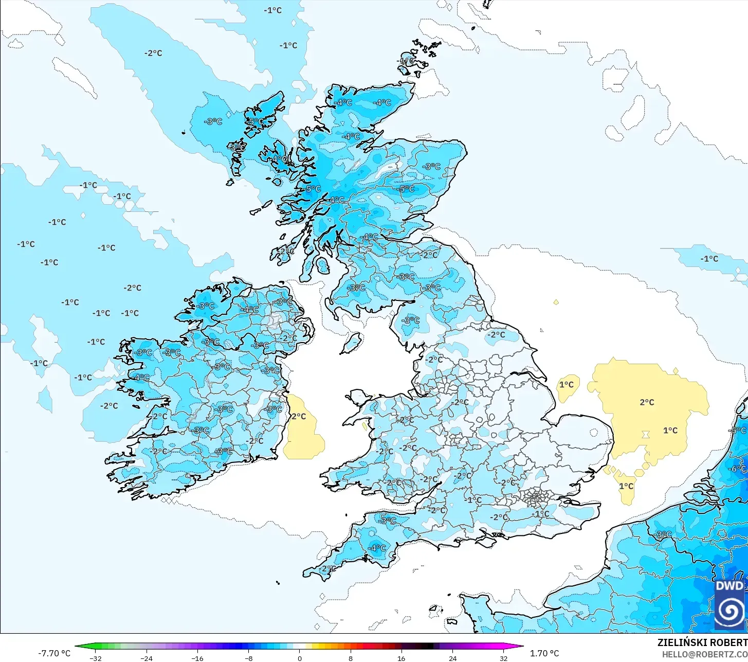 ICON model - United Kingdom, Temperature at 2m Anomaly