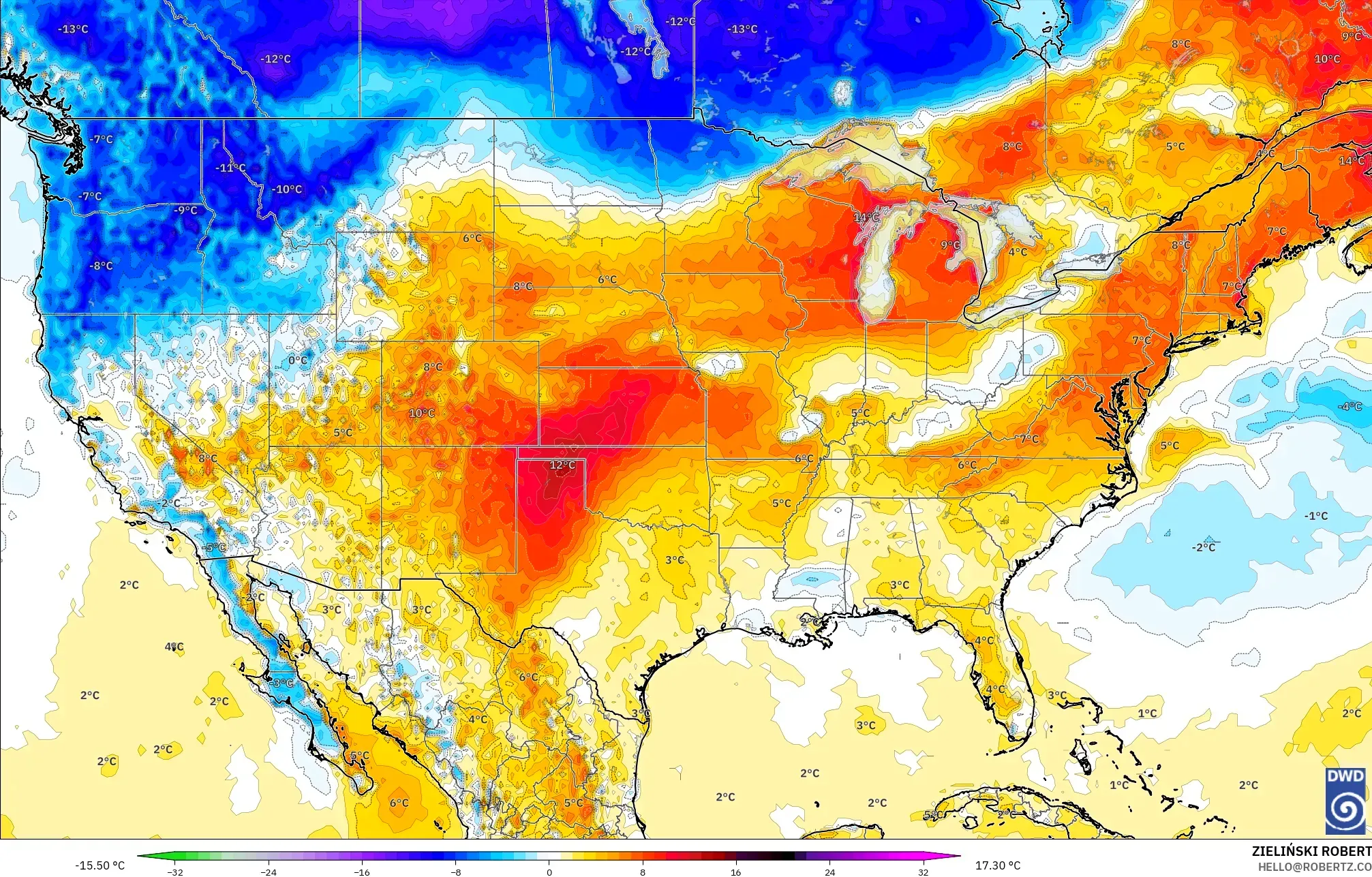 ICON model - United States, Temperature at 2m Anomaly