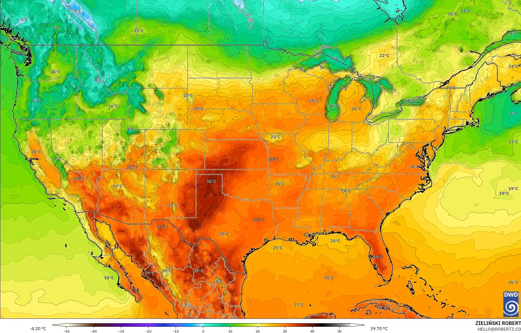 ICON model - United States, Temperature at 2m