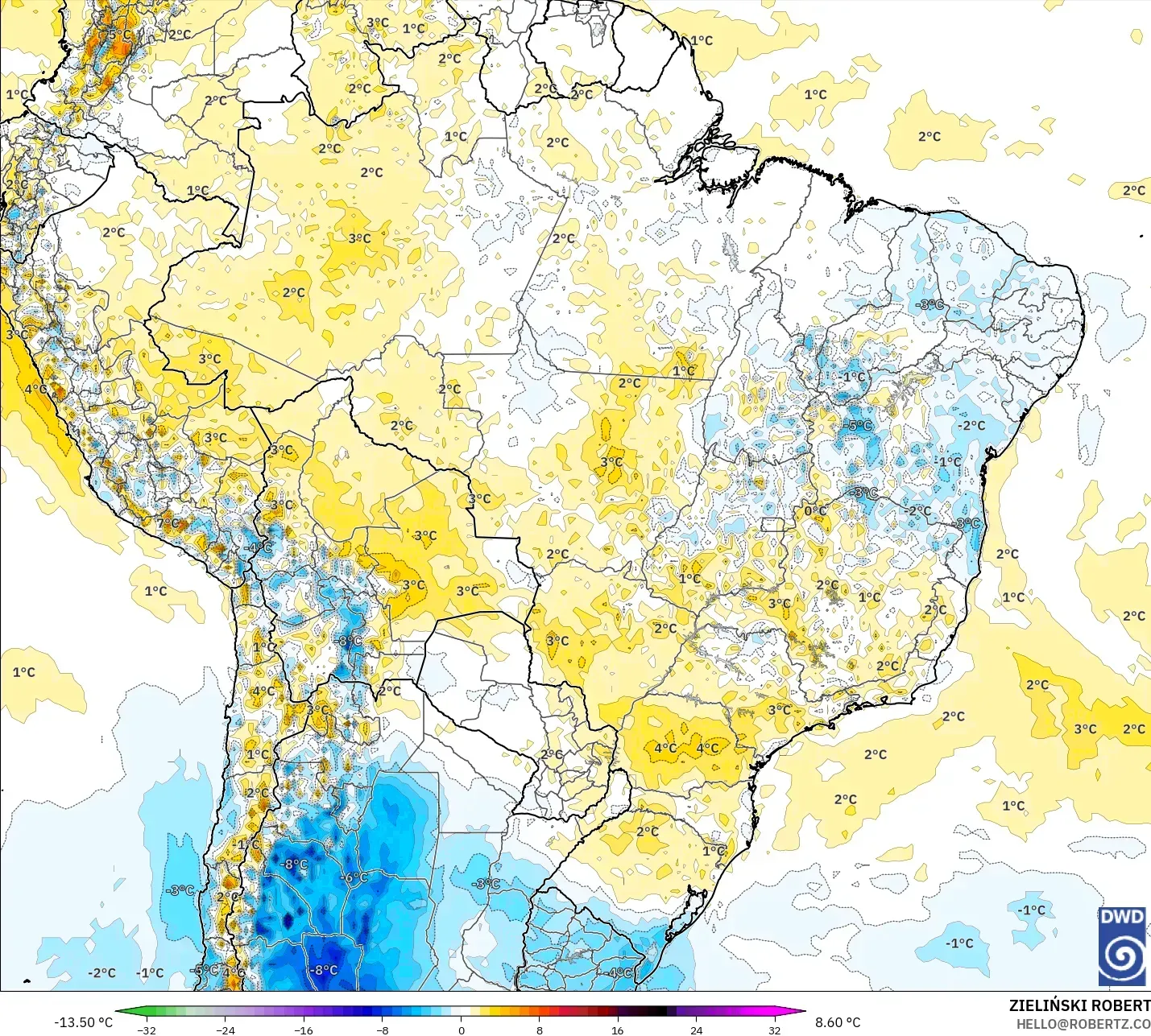 ICON model - Brazil, Temperature at 2m Anomaly