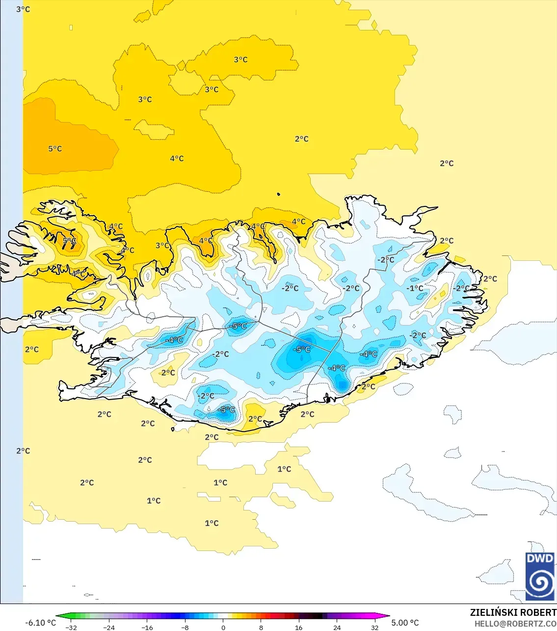 ICON model - Iceland, Temperature at 2m Anomaly