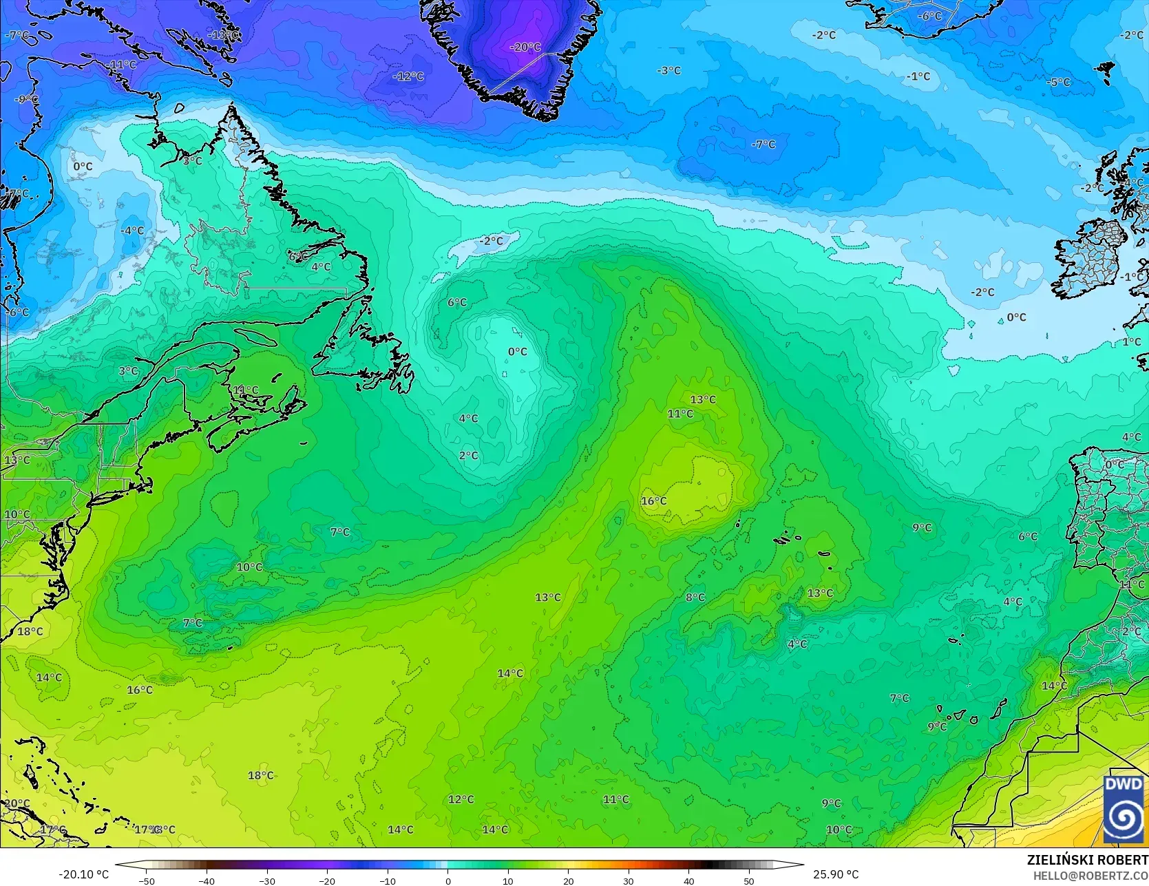 ICON model - North Atlantic, Temperature at 850hPa