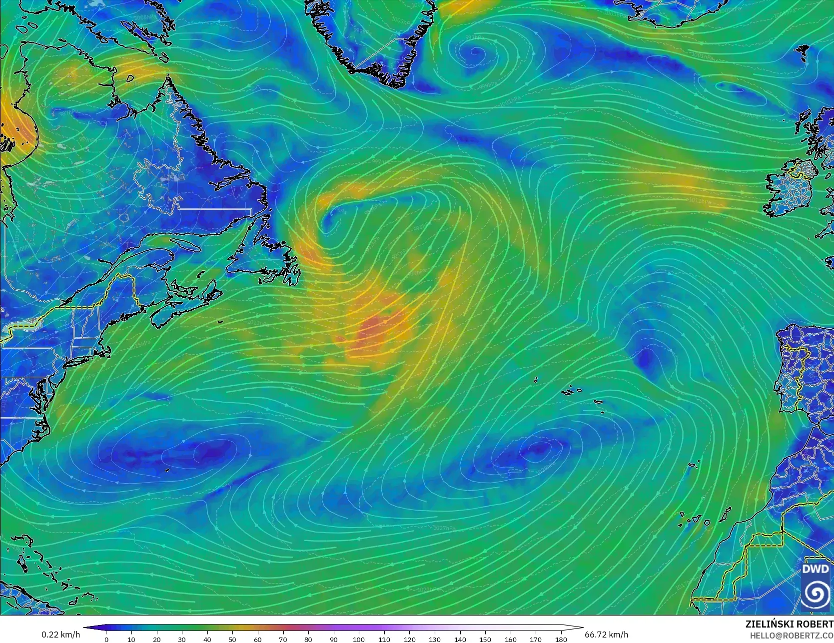 ICON model - North Atlantic, Wind at 10m