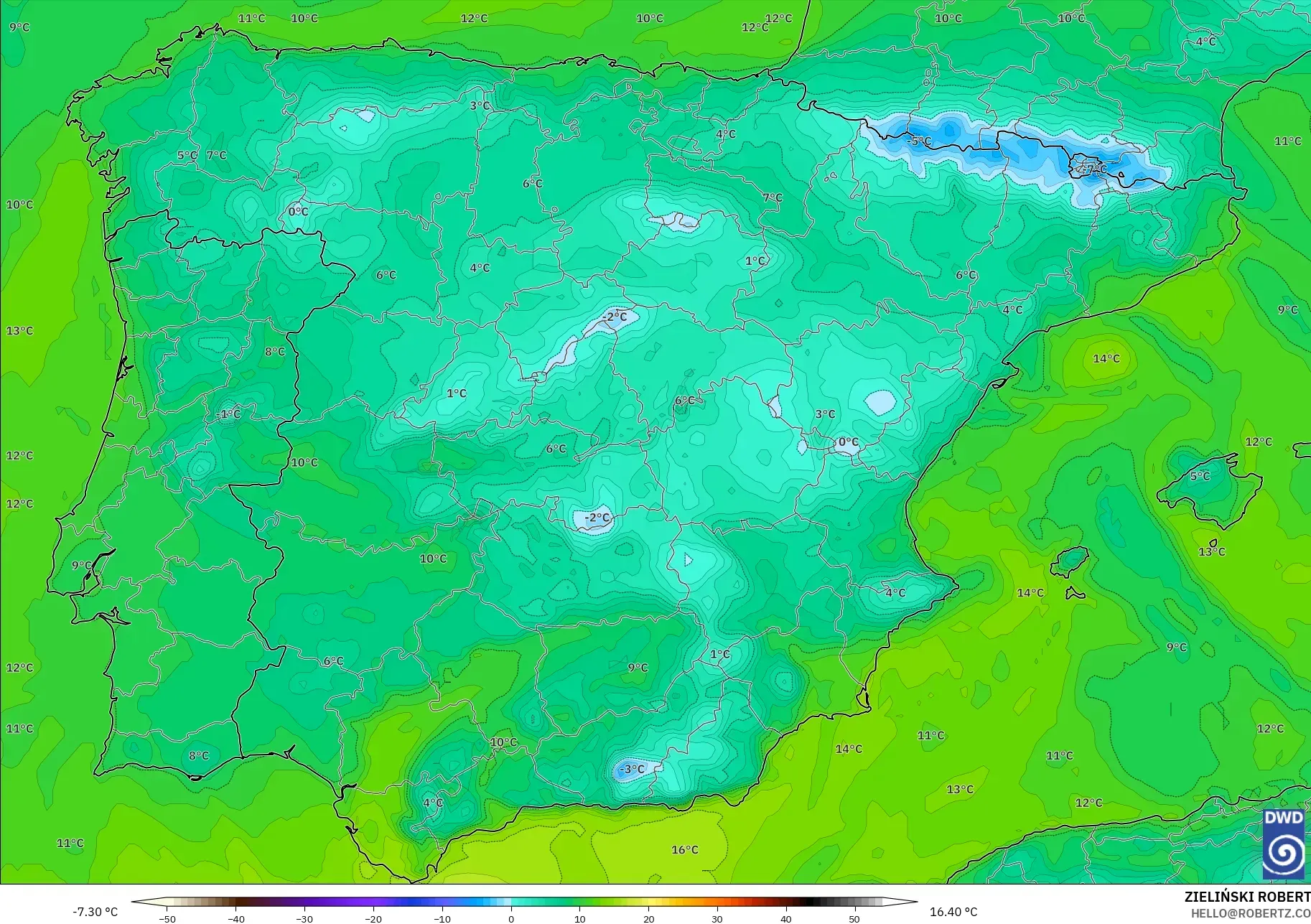 ICON model - Spain, Dewpoint at 2m