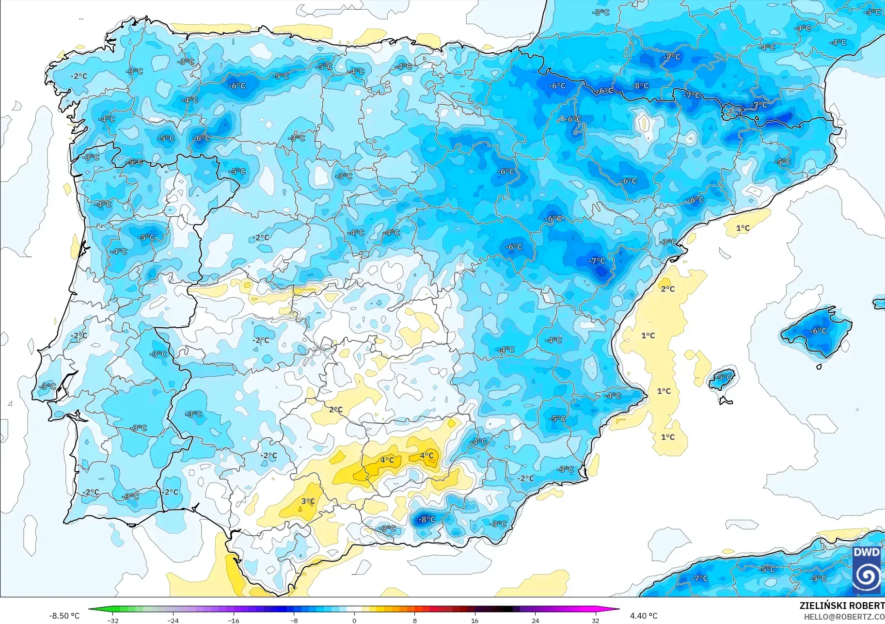 ICON model - Spain, Temperature at 2m Anomaly