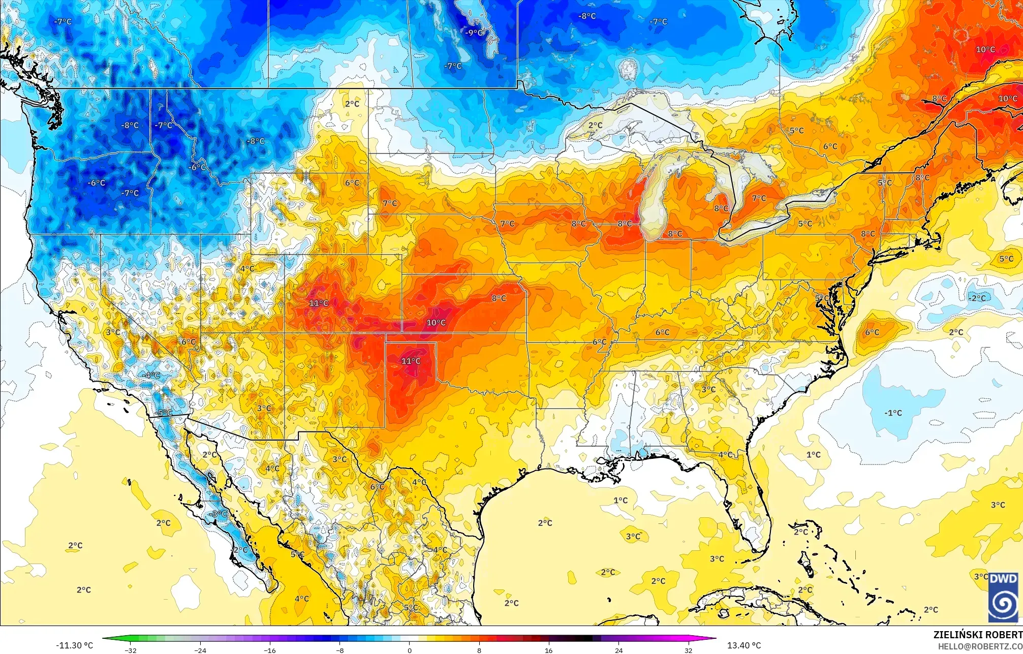 ICON model - United States, Temperature at 2m Anomaly