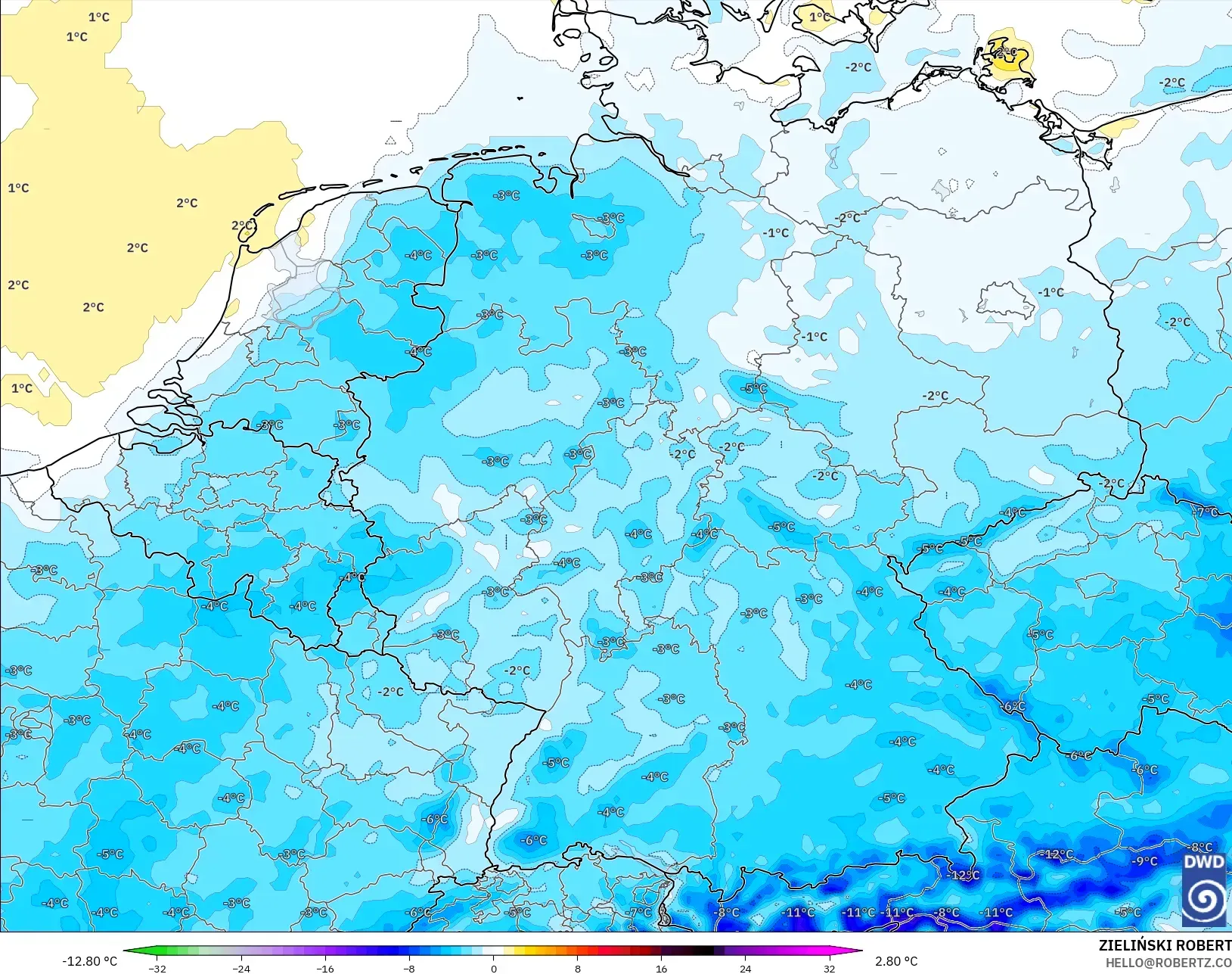 ICON model - Germany, Temperature at 2m Anomaly