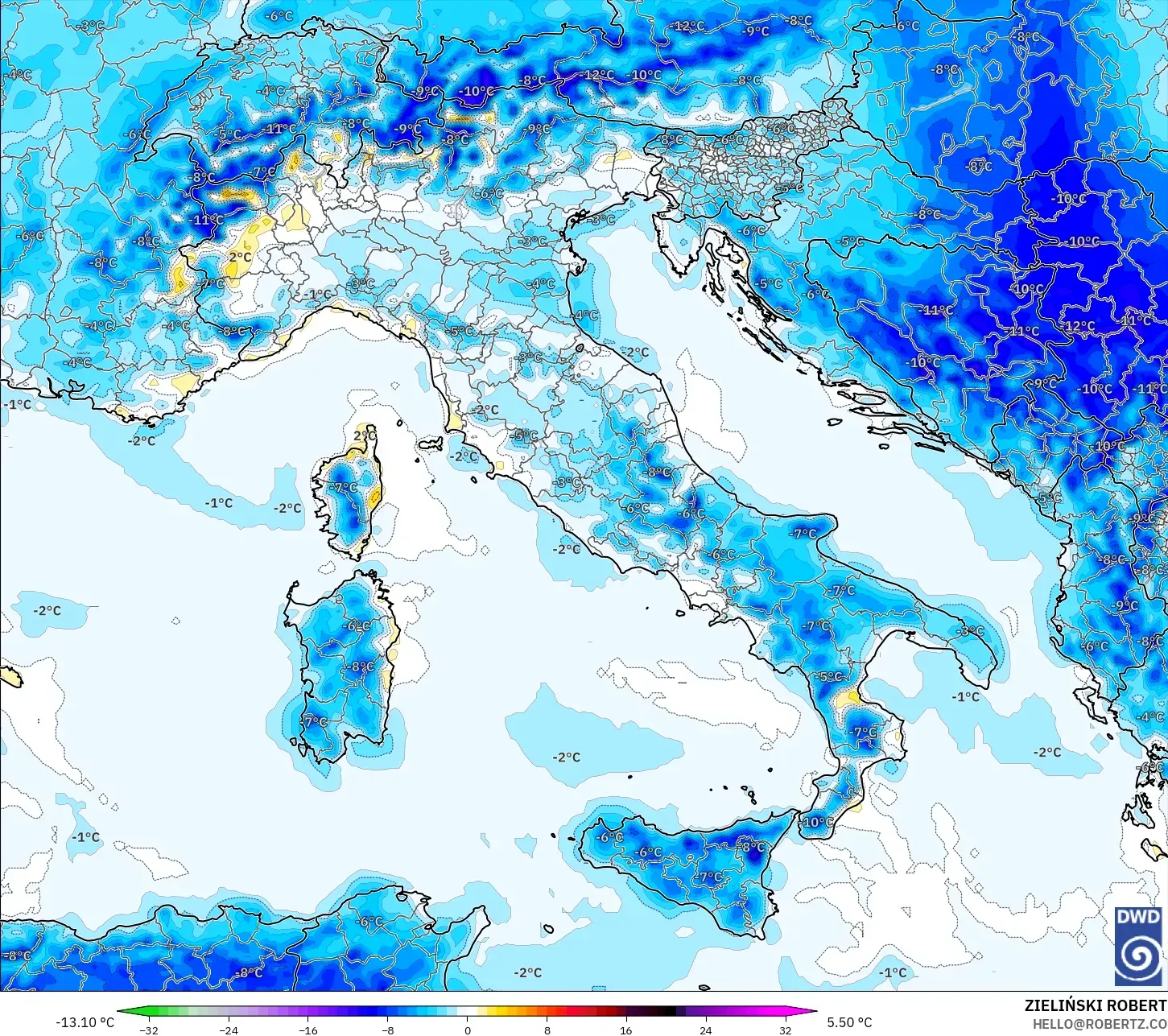 ICON model - Italy, Temperature at 2m Anomaly