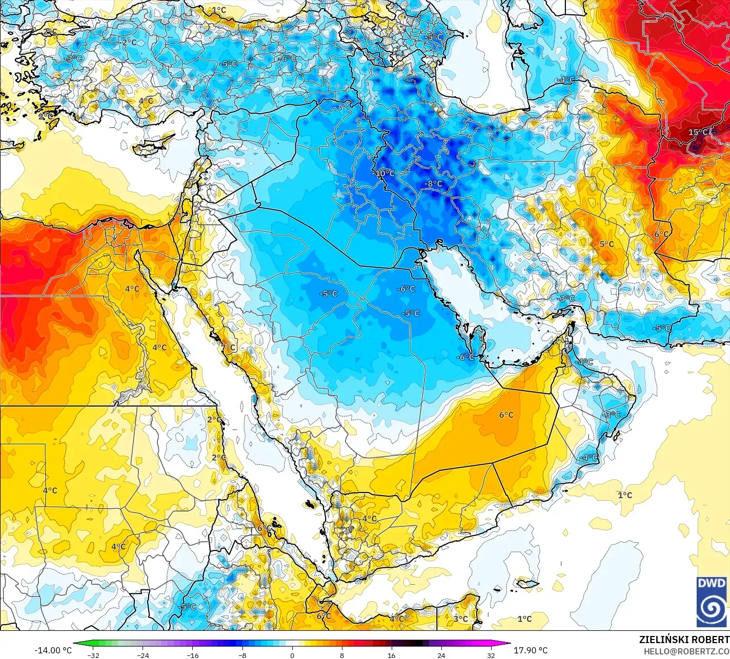 ICON model - Middle East, Temperature at 2m Anomaly