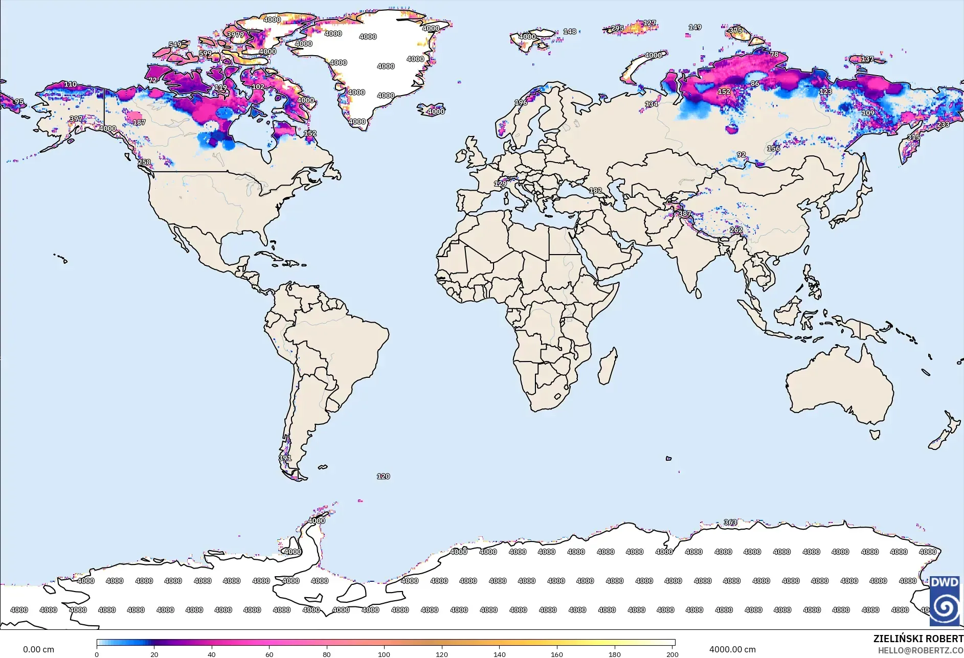 ICON model - World, Snow Depth