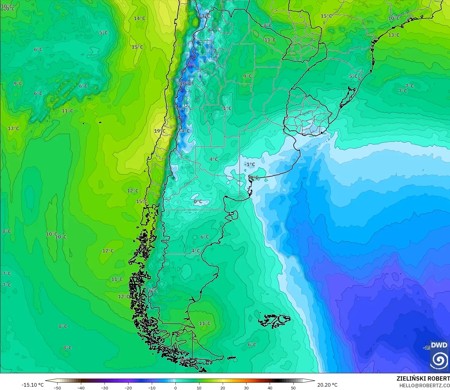 ICON model - Argentina, Temperature at 850hPa