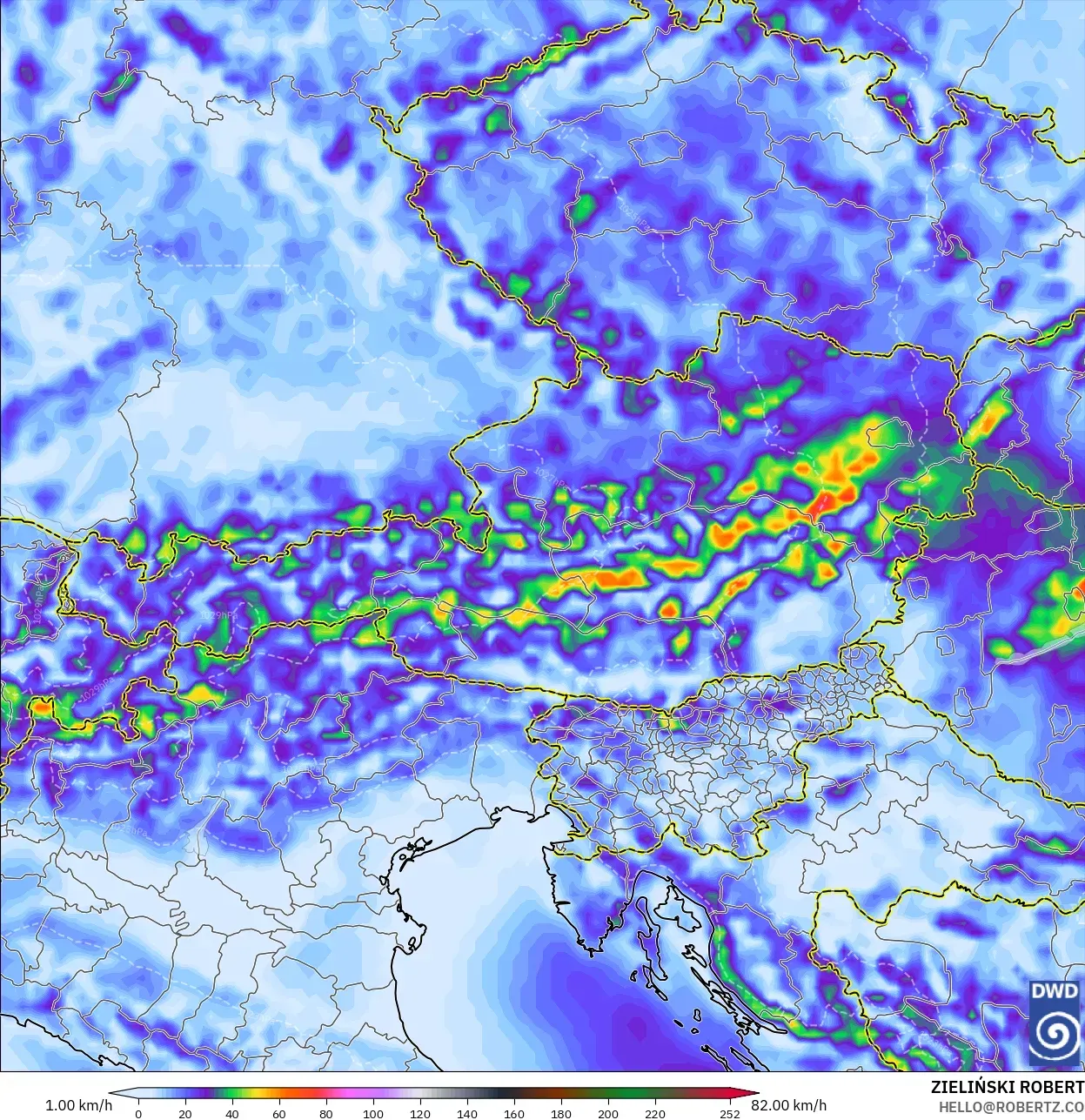 ICON model - Austria, Wind Gusts Peak