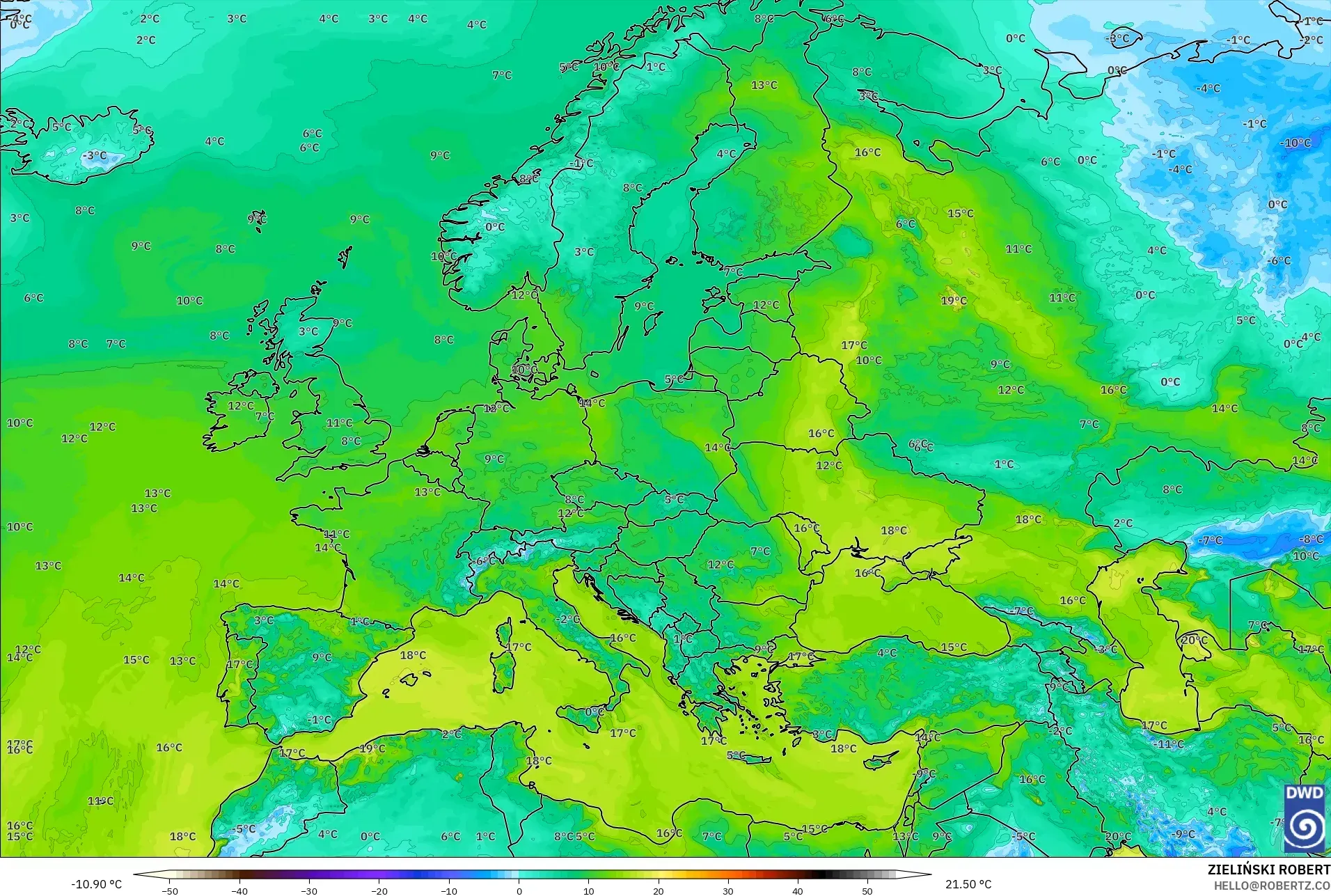 ICON model - Europe, Dewpoint at 2m