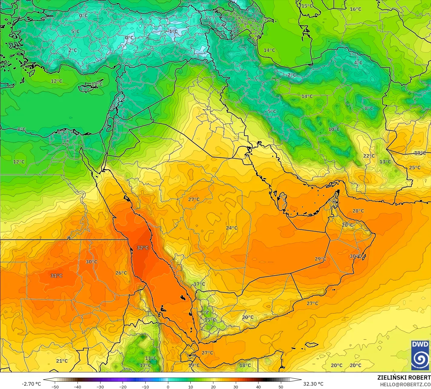 ICON model - Middle East, Temperature at 850hPa