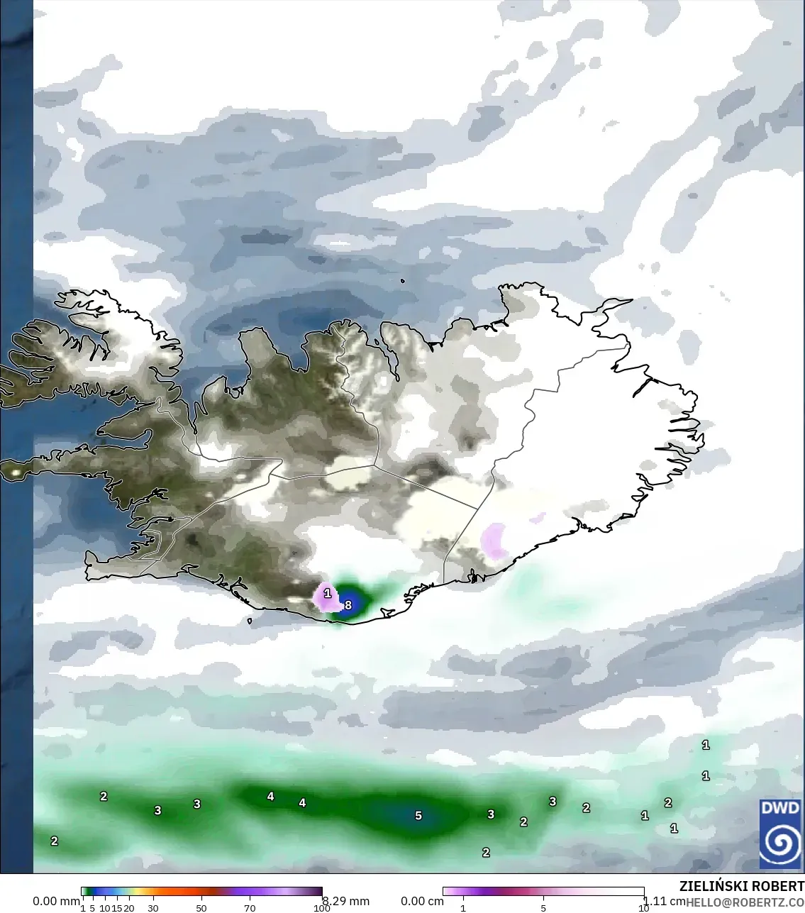 ICON model - Iceland, Precipitation, Clouds, and Pressure