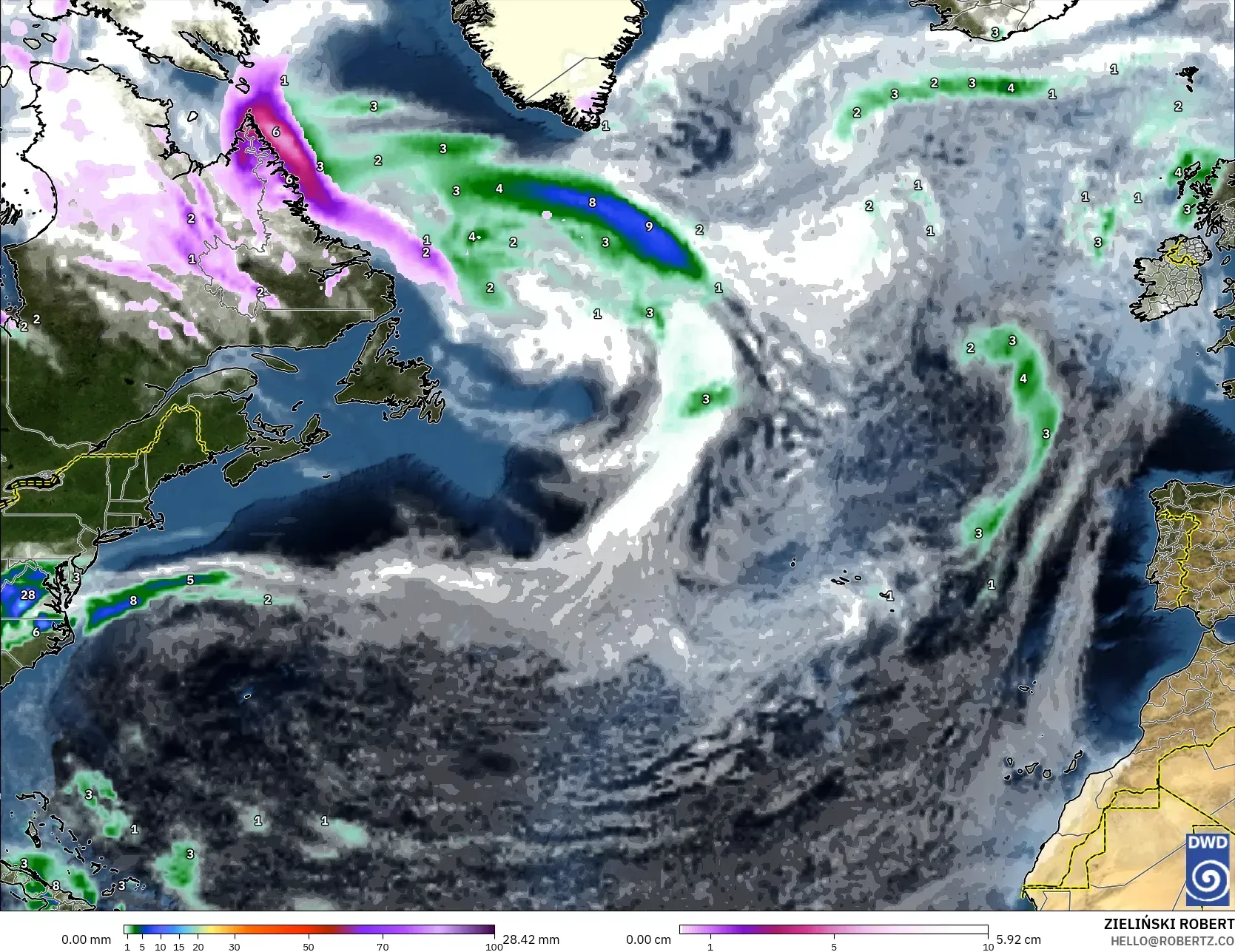ICON model - North Atlantic, Precipitation, Clouds, and Pressure