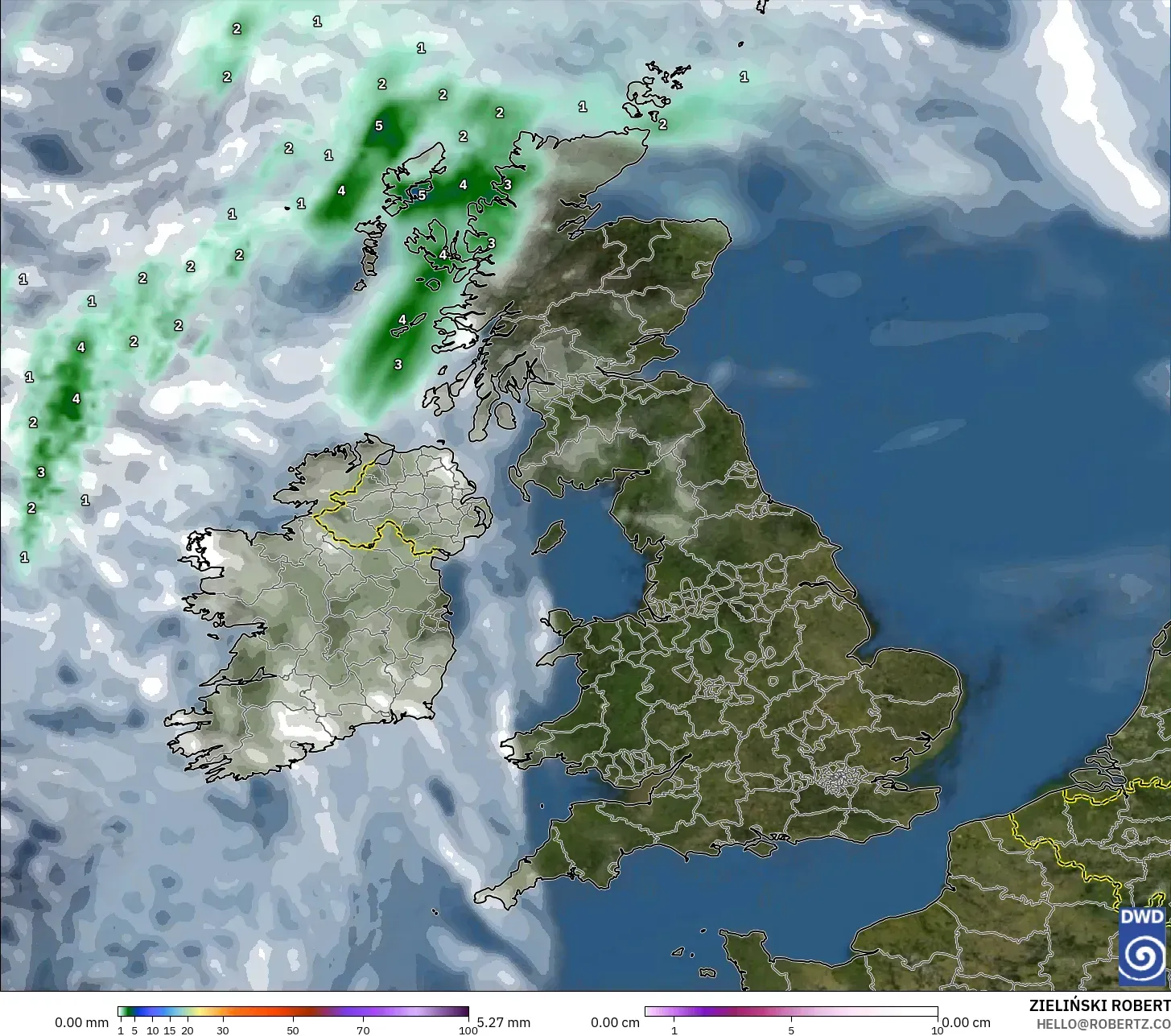 ICON model - United Kingdom, Precipitation, Clouds, and Pressure