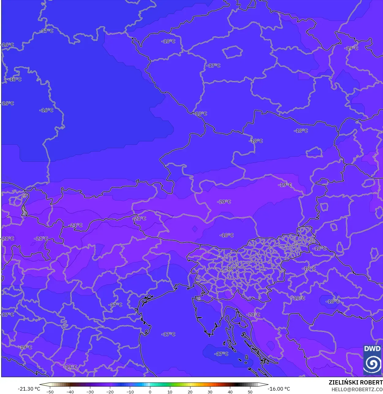 ICON model - Austria, Temperature at 500hPa