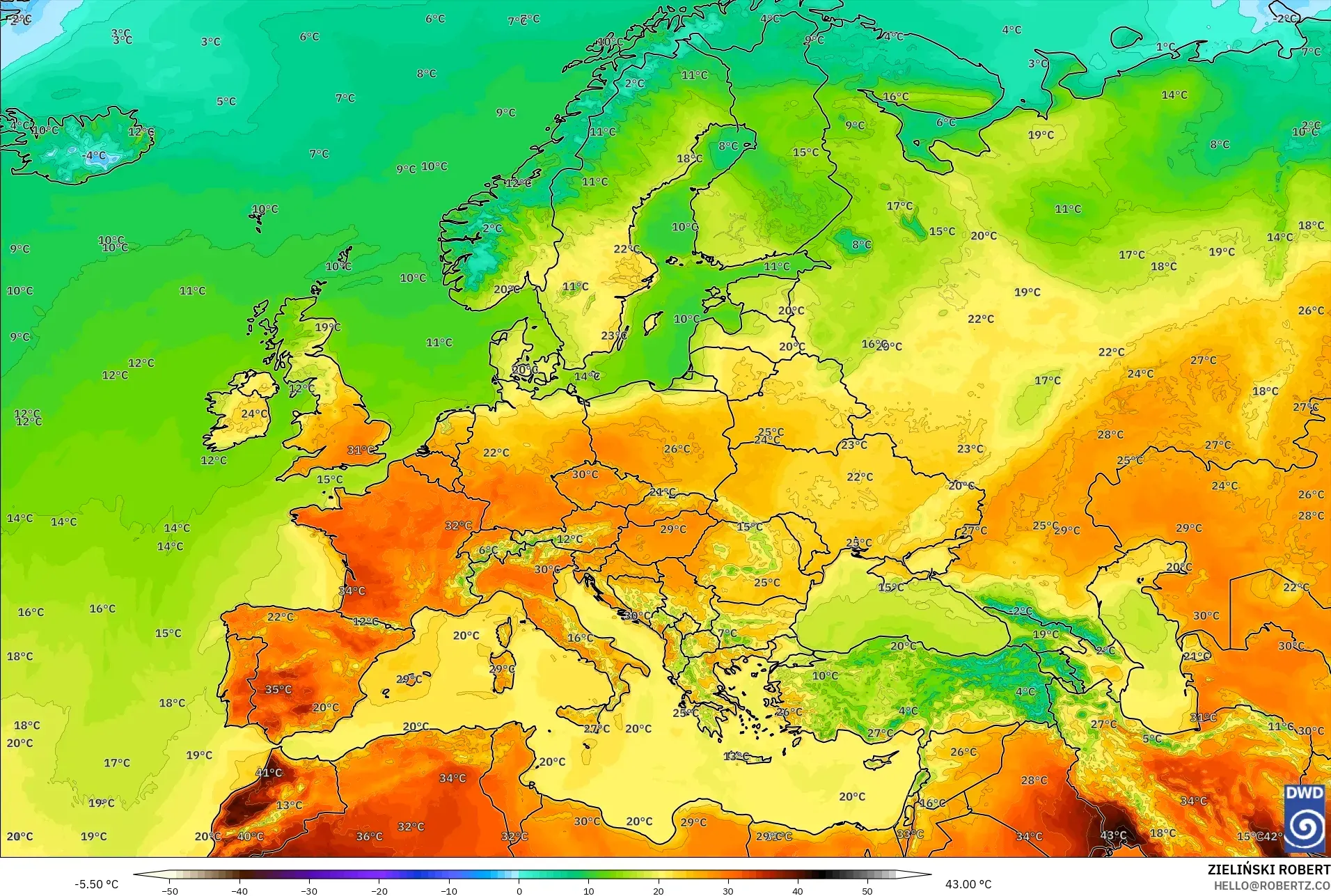 ICON model - Europe, Temperature at 2m