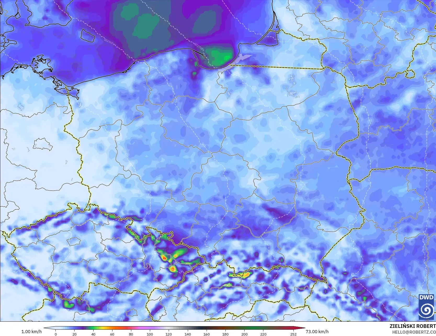ICON model - Poland, Wind Gusts