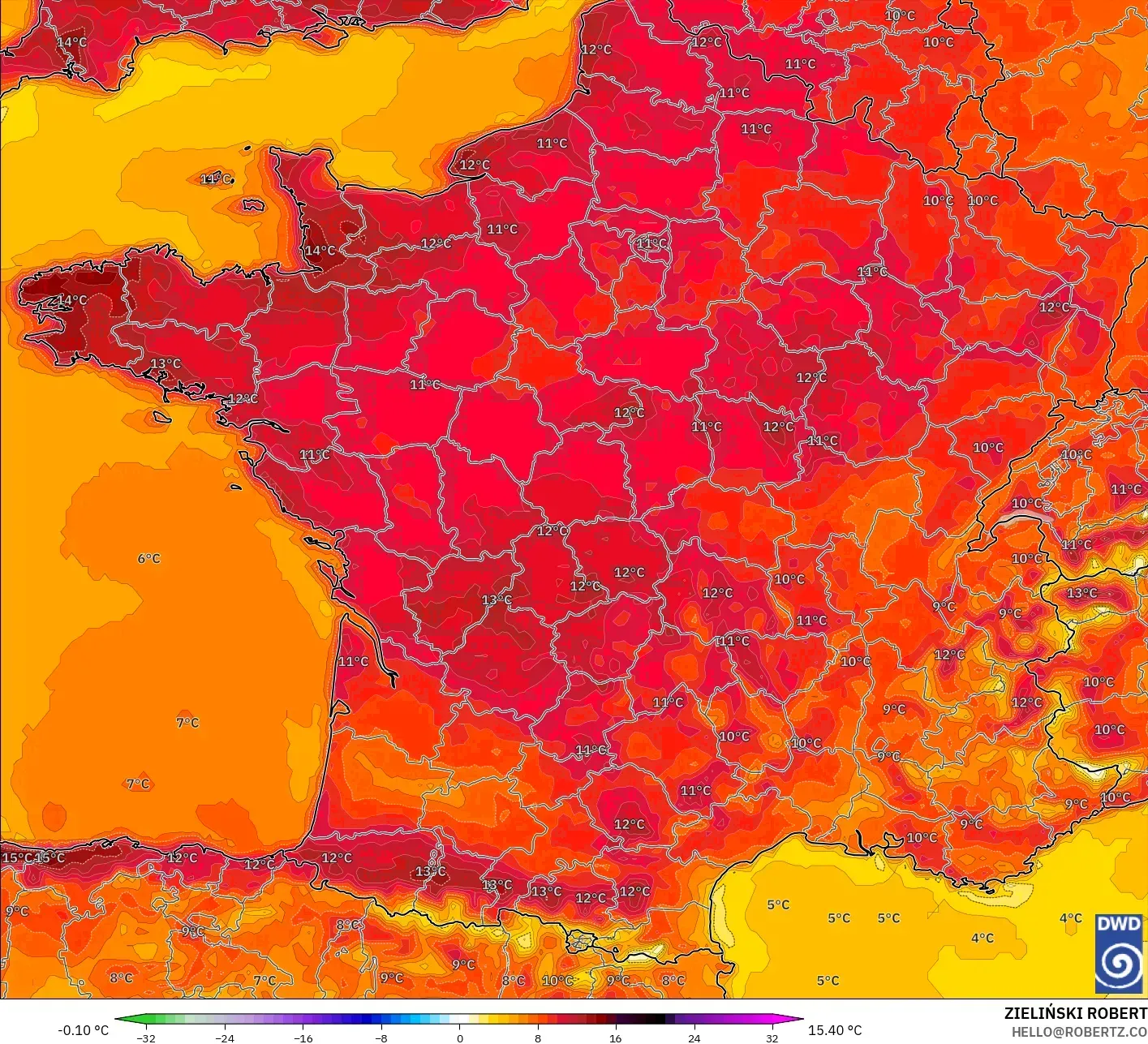 ICON model - France, Temperature at 2m Anomaly