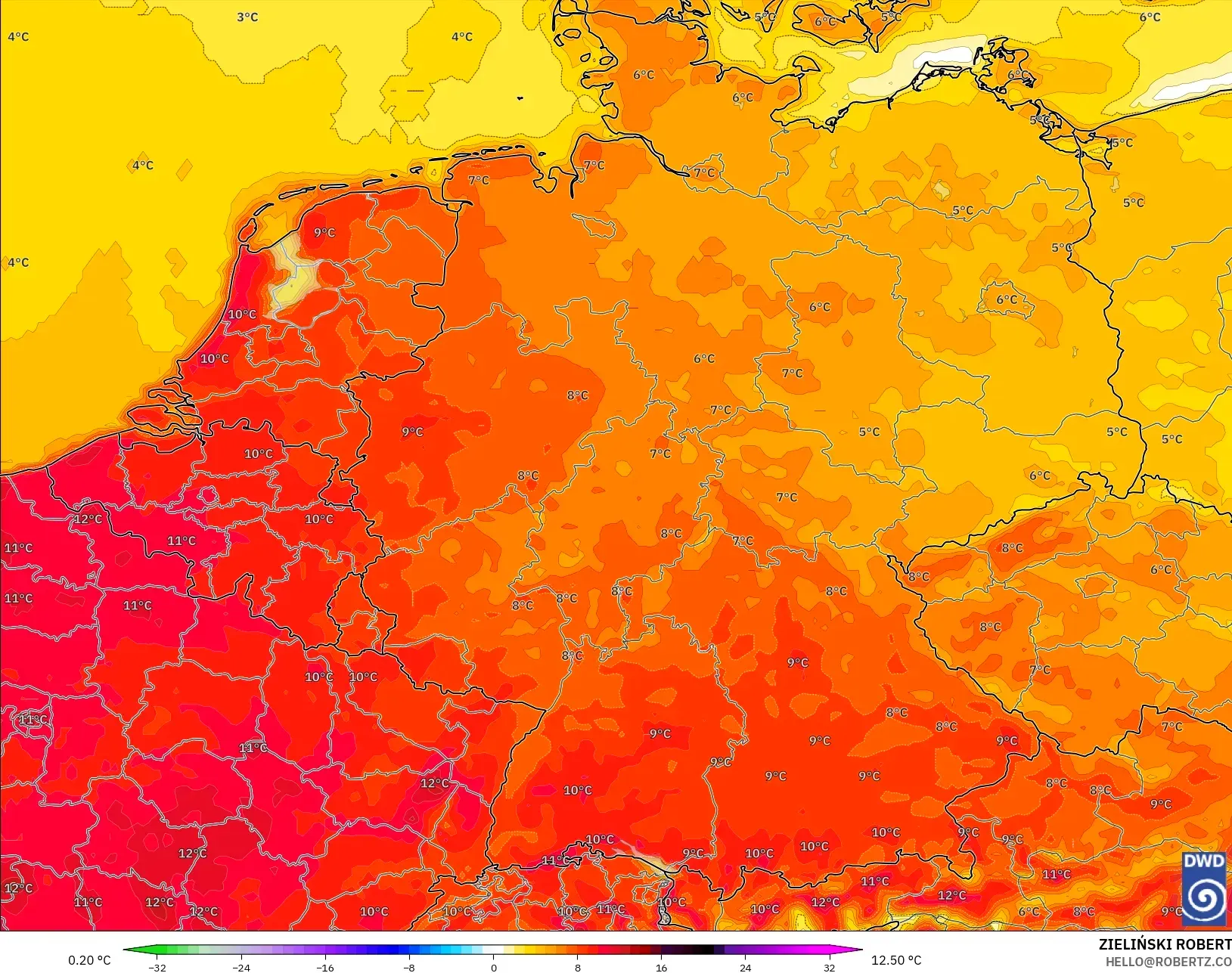 ICON model - Germany, Temperature at 2m Anomaly