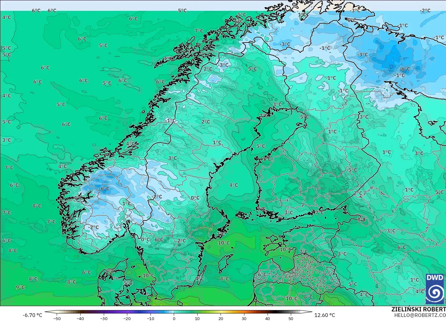 ICON model - Scandinavia, Dewpoint at 2m