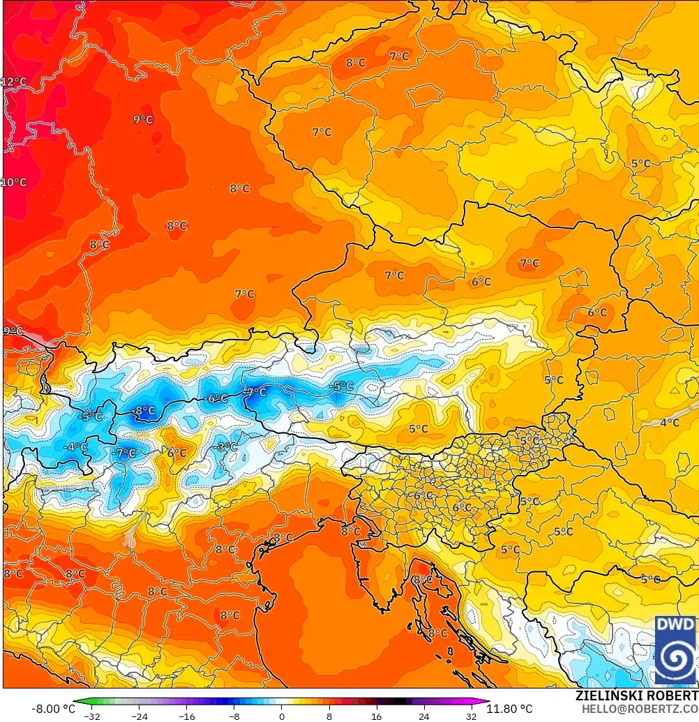 ICON model - Austria, Temperature at 850hPa Anomaly