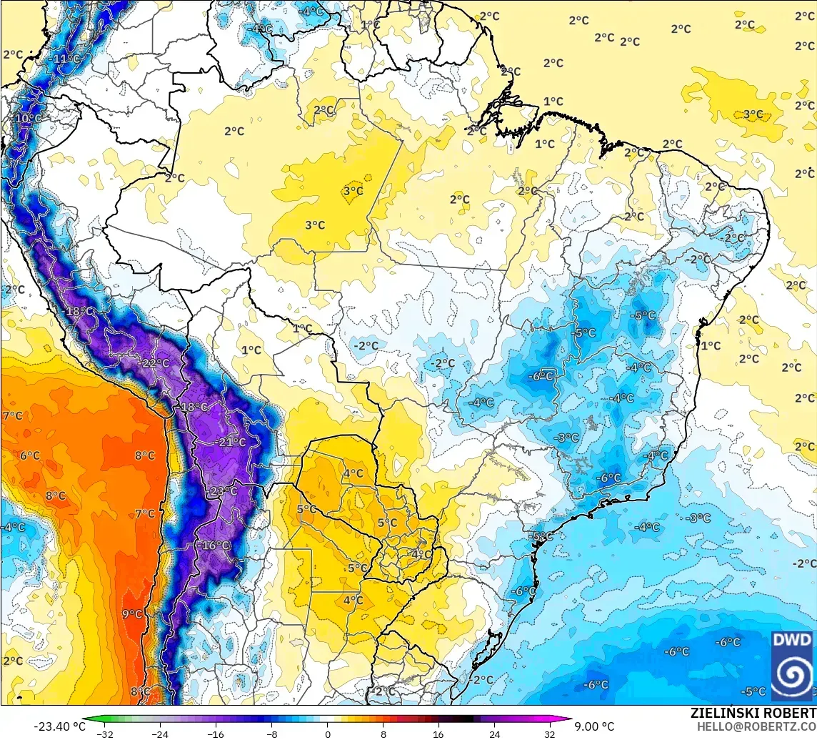 ICON model - Brazil, Temperature at 850hPa Anomaly