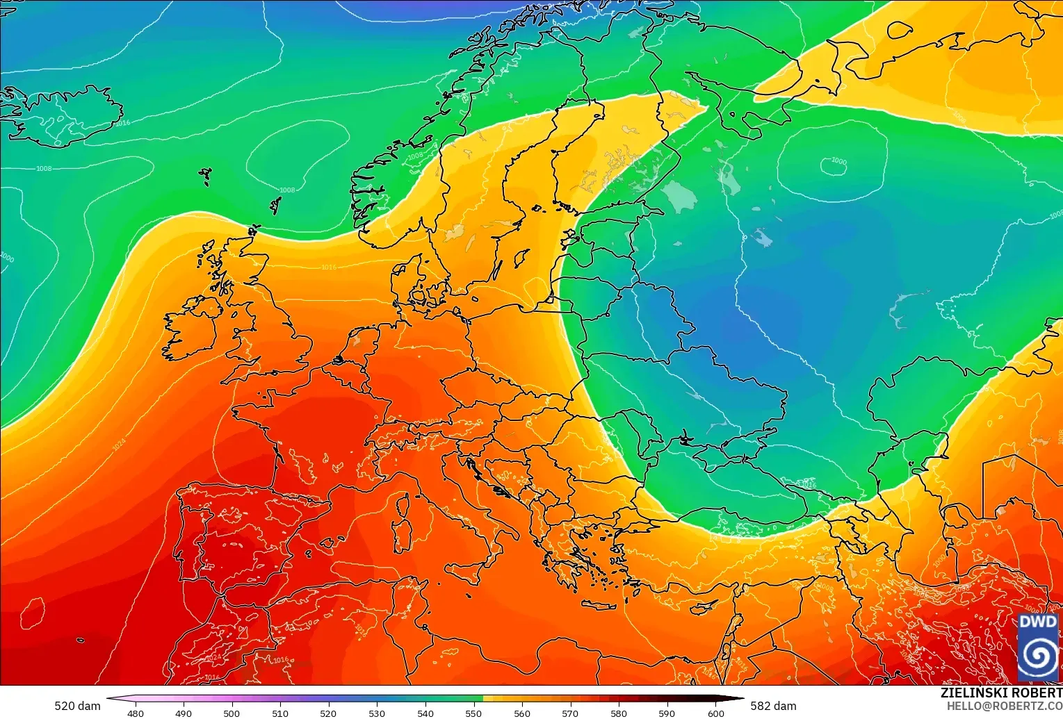 ICON model - Europe, Geopotential height at 500hPa