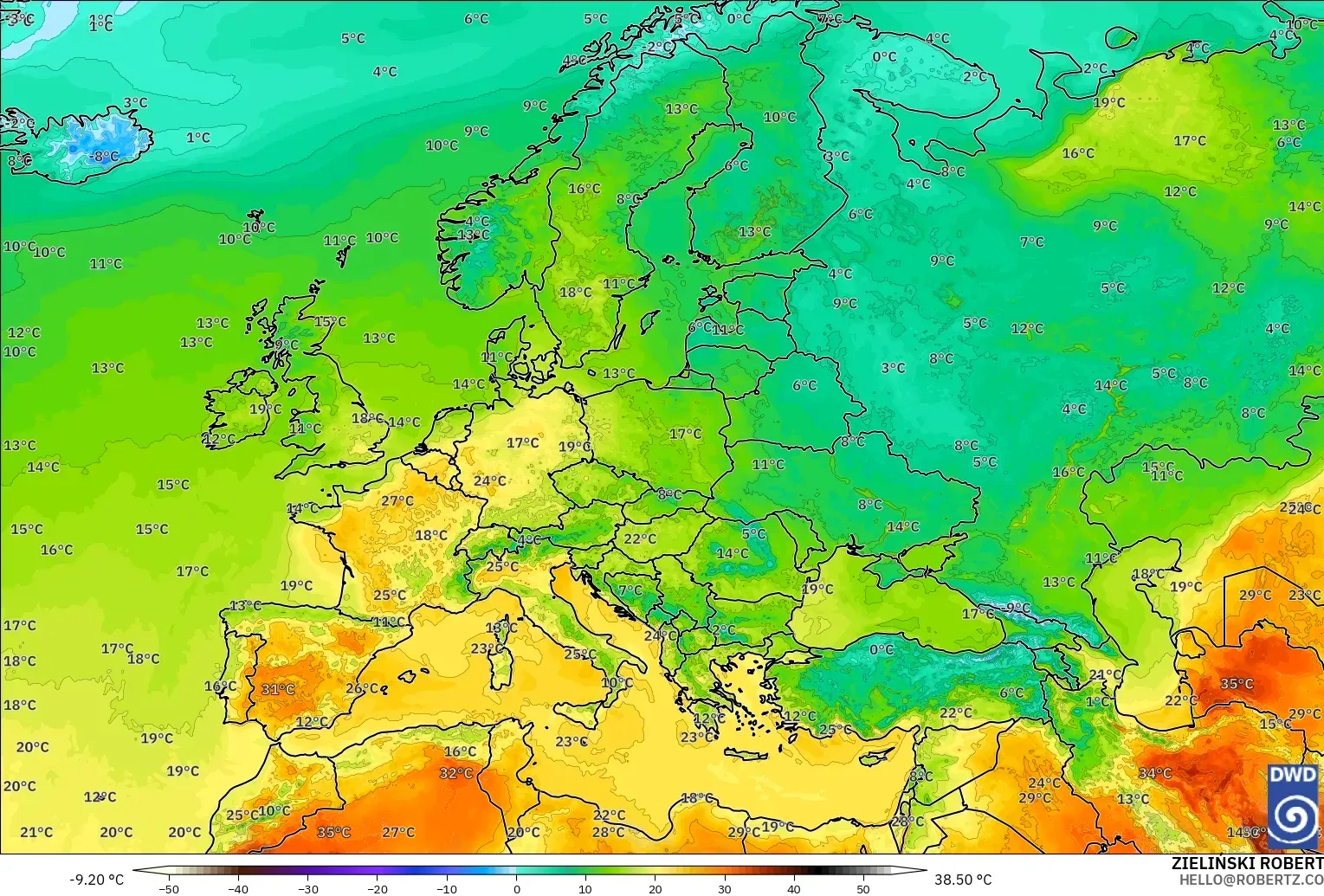 ICON model - Europe, Temperature at 2m
