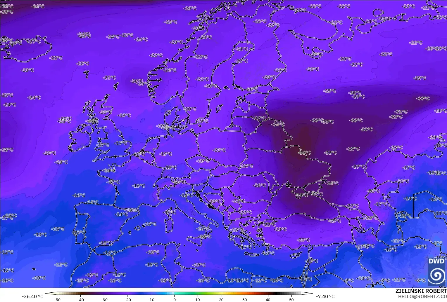 ICON model - Europe, Temperature at 500hPa