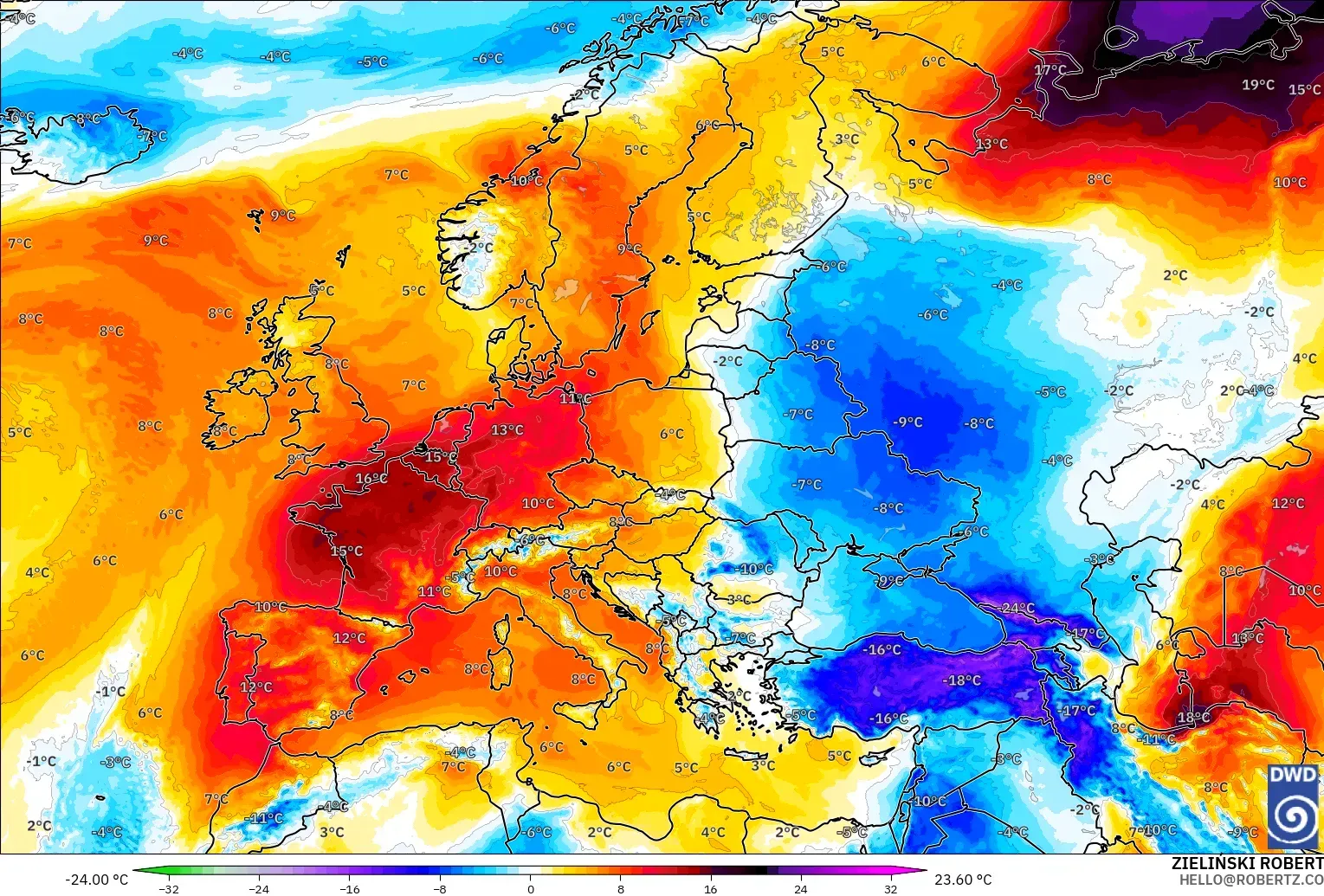 ICON model - Europe, Temperature at 850hPa Anomaly