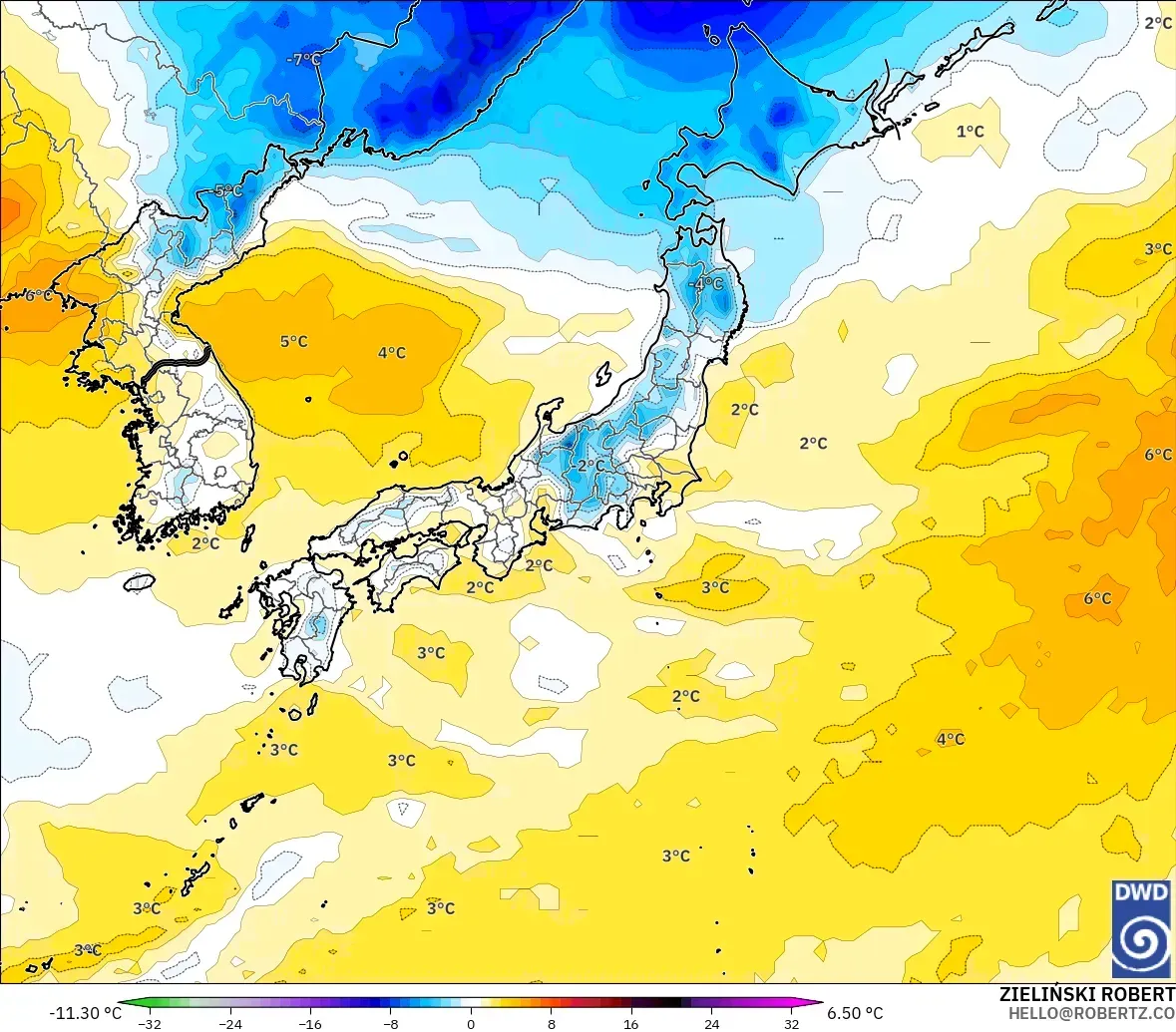 ICON model - Japan, Temperature at 850hPa Anomaly