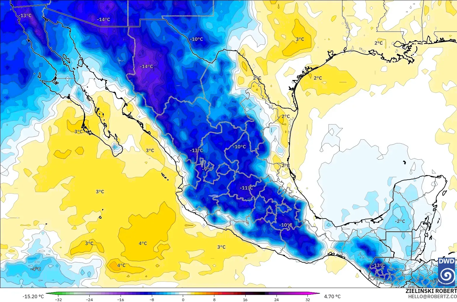 ICON model - Mexico, Temperature at 850hPa Anomaly