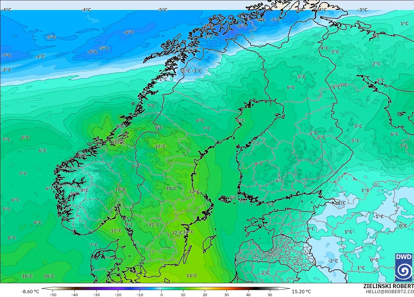 ICON model - Scandinavia, Temperature at 850hPa